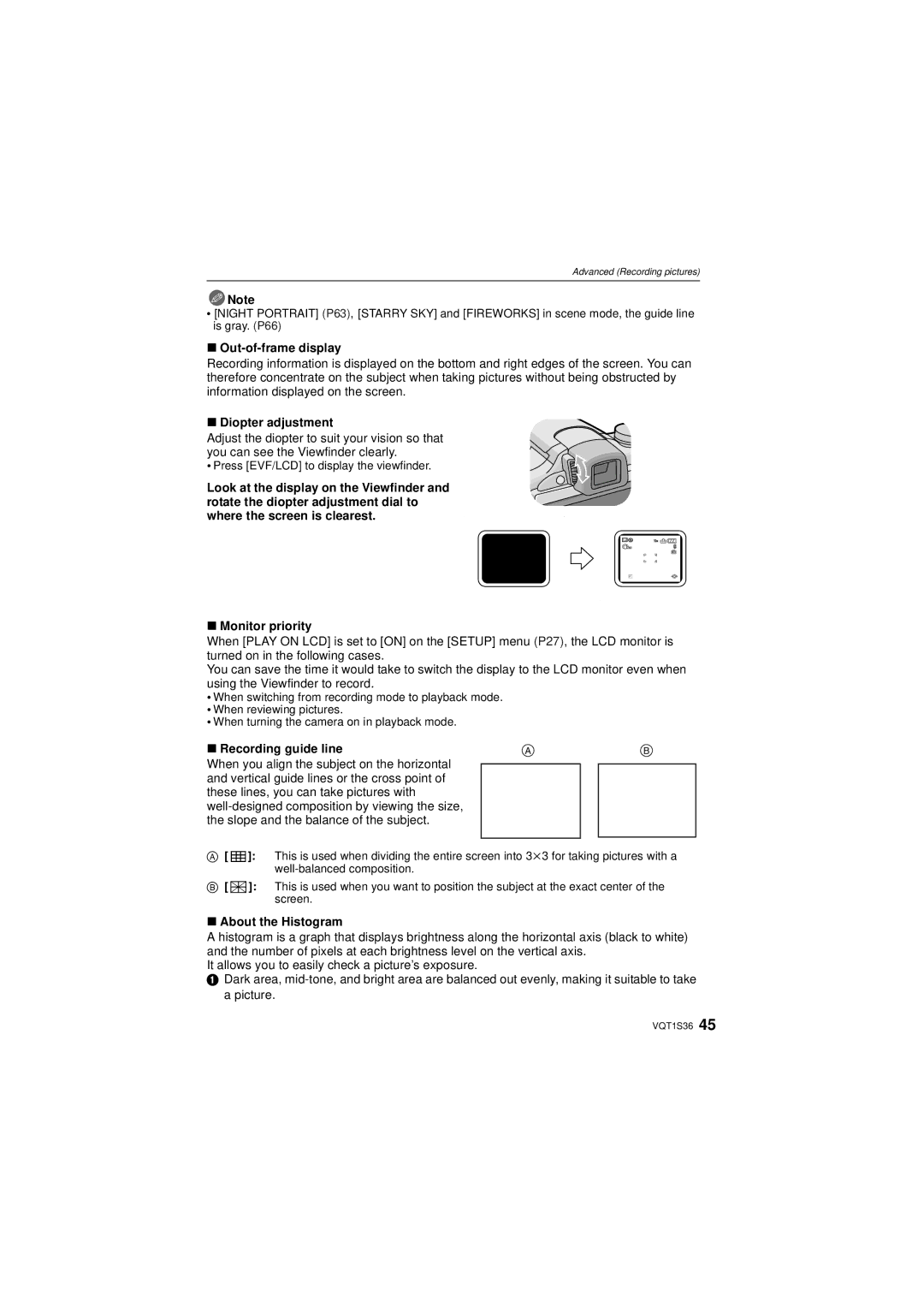 Panasonic DMC FZ 28, DMCFZ28K Out-of-frame display, Diopter adjustment, Recording guide line, About the Histogram 