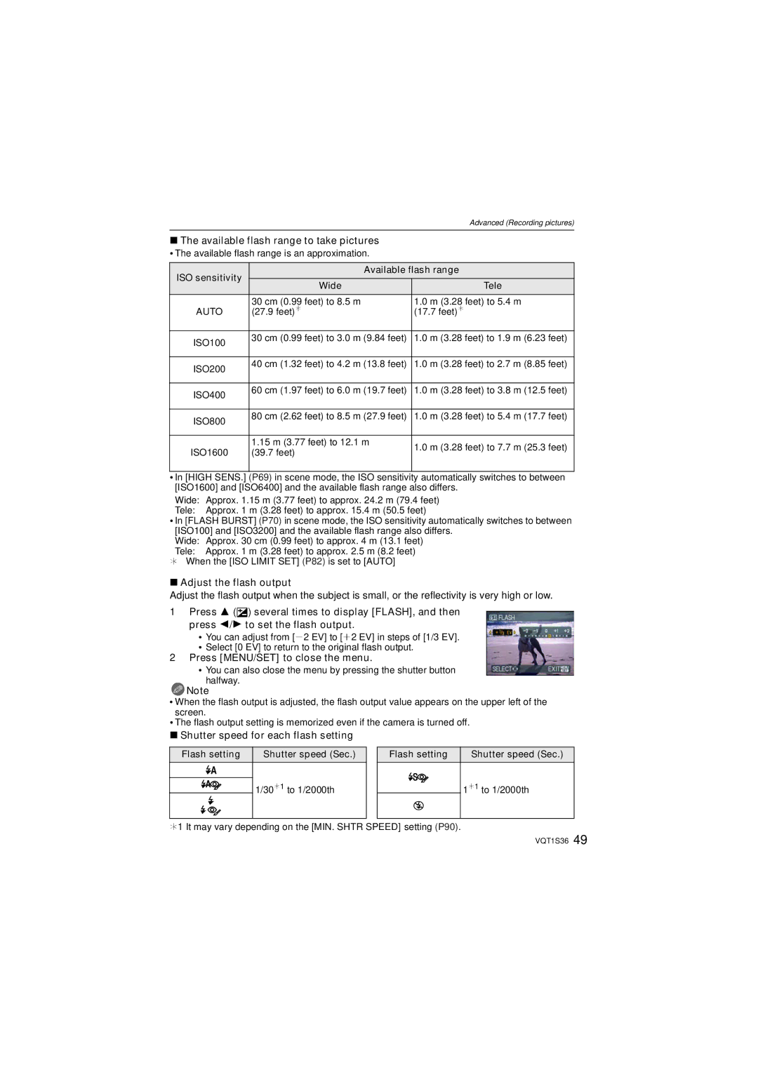 Panasonic DMC FZ 28 Available flash range to take pictures, Adjust the flash output, Press MENU/SET to close the menu 