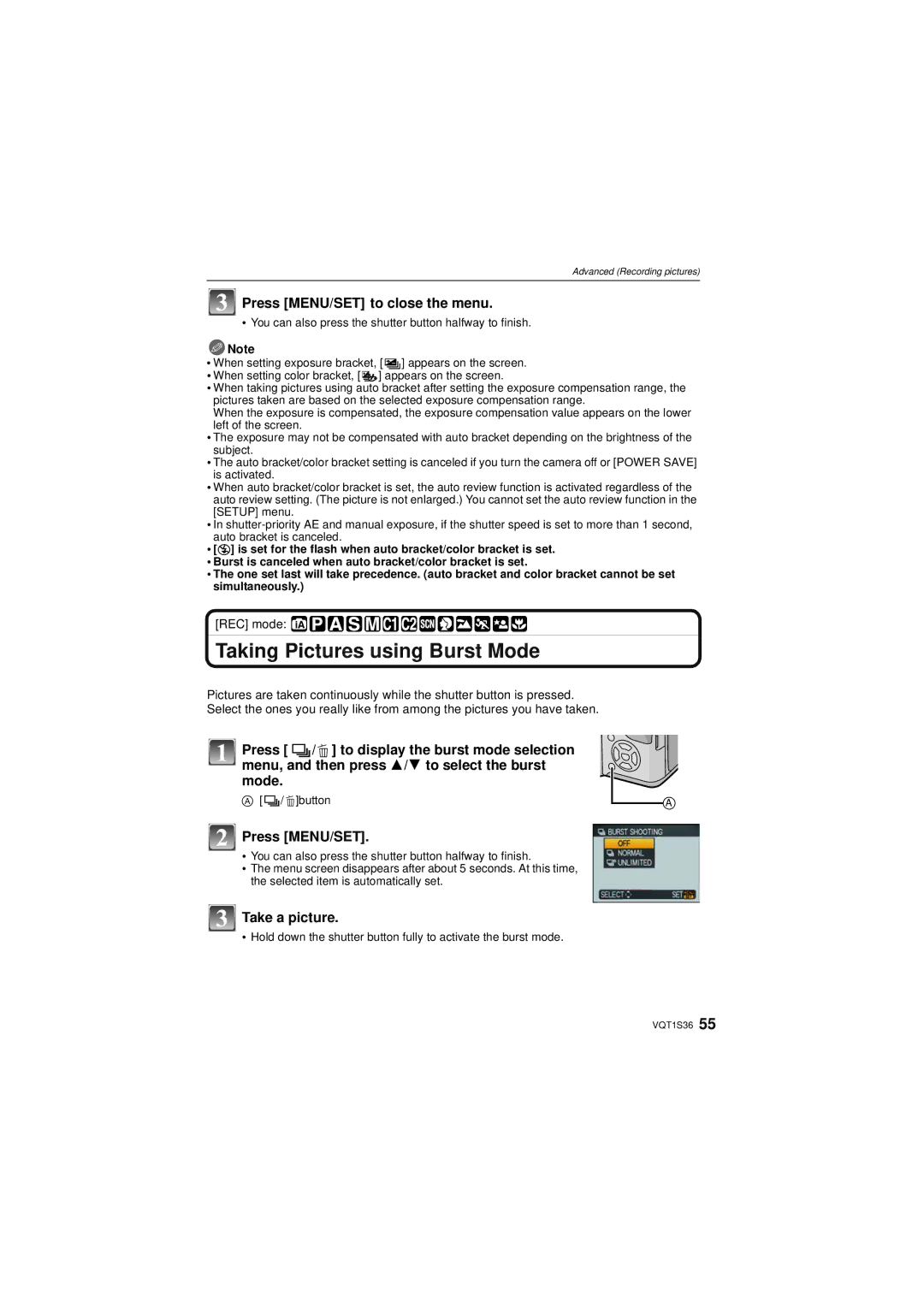 Panasonic DMC FZ 28, DMCFZ28K operating instructions Taking Pictures using Burst Mode, Take a picture, ˜/‚button 