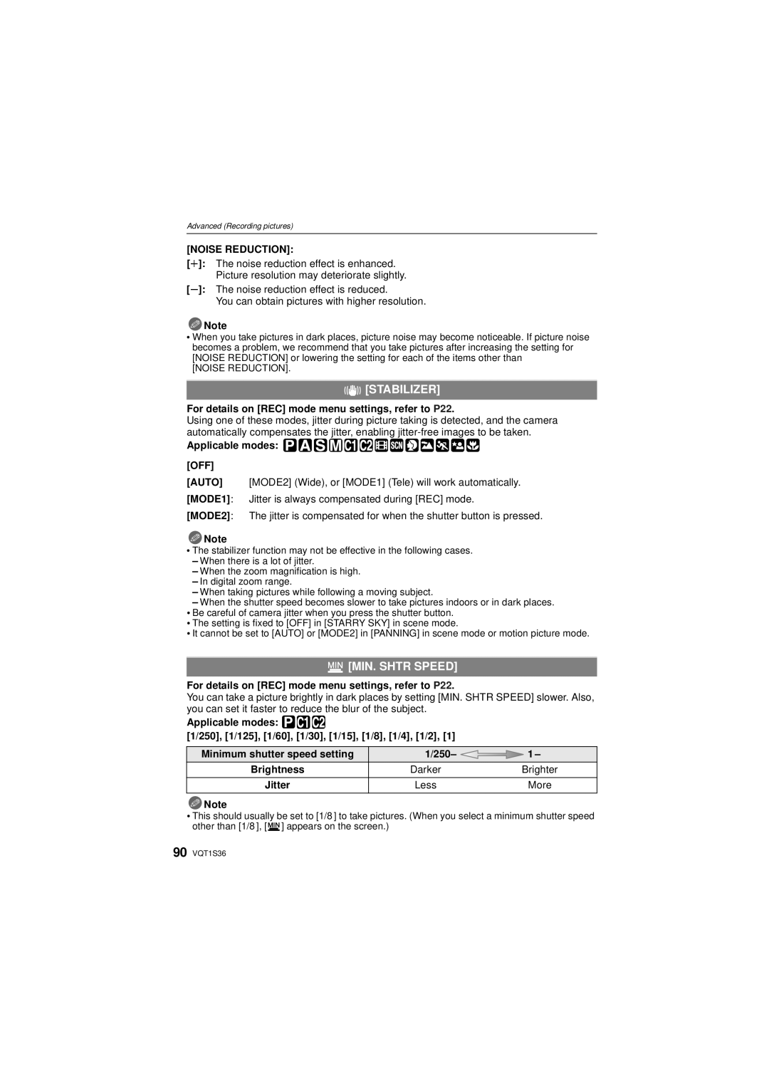 Panasonic DMCFZ28K, DMC FZ 28 operating instructions Stabilizer, MIN. Shtr Speed, Noise Reduction 