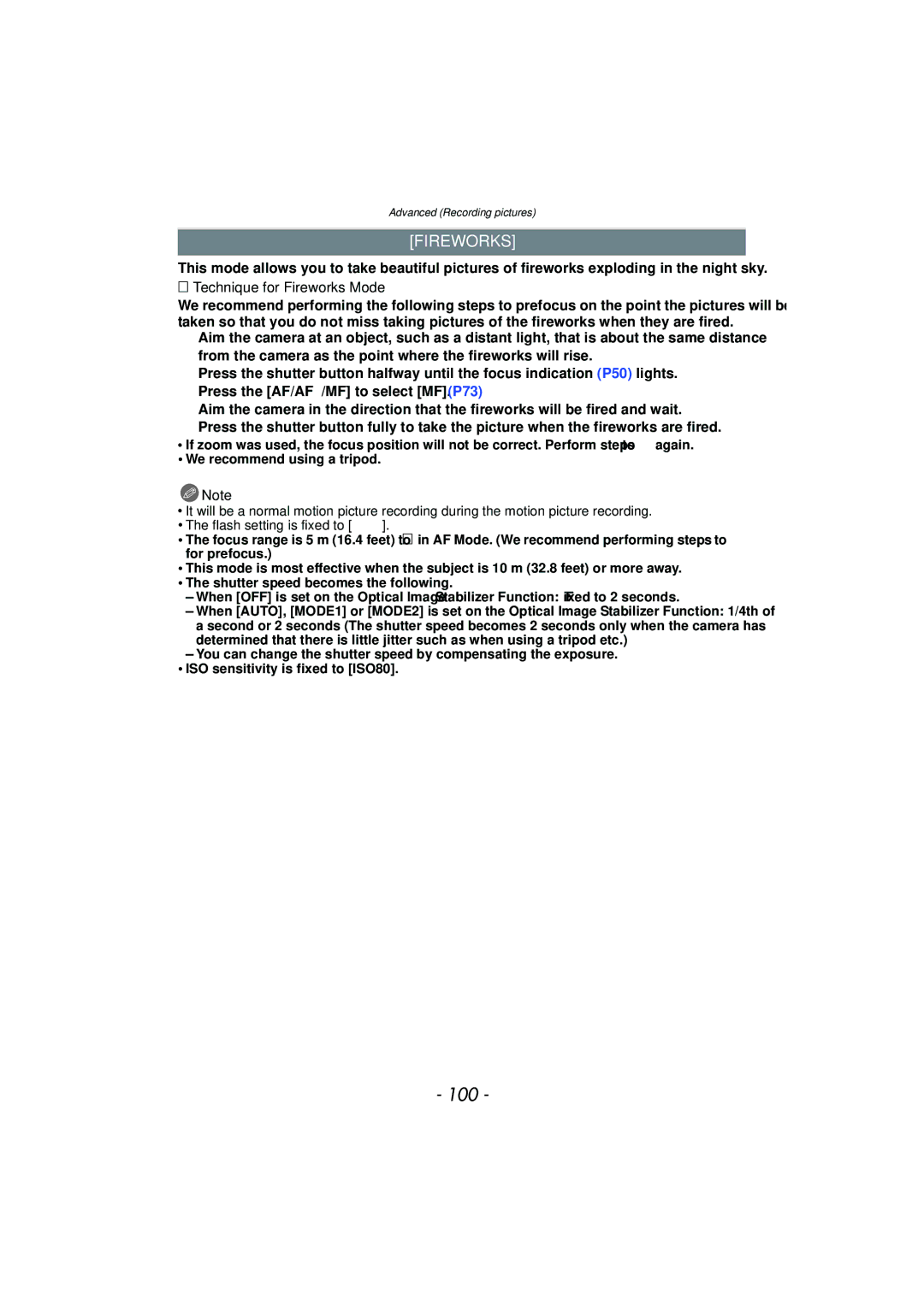 Panasonic DMCFZ40K, VQT2Y96 operating instructions 100, Technique for Fireworks Mode 