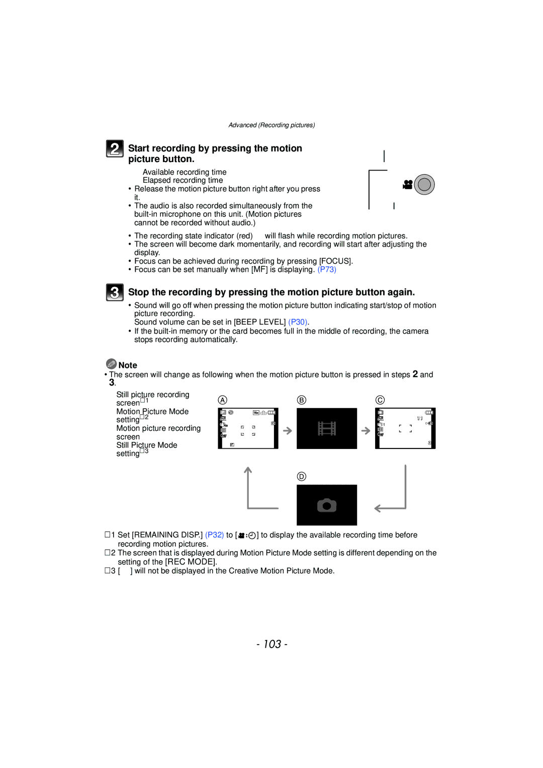 Panasonic VQT2Y96, DMCFZ40K operating instructions 103, Start recording by pressing the motion picture button 