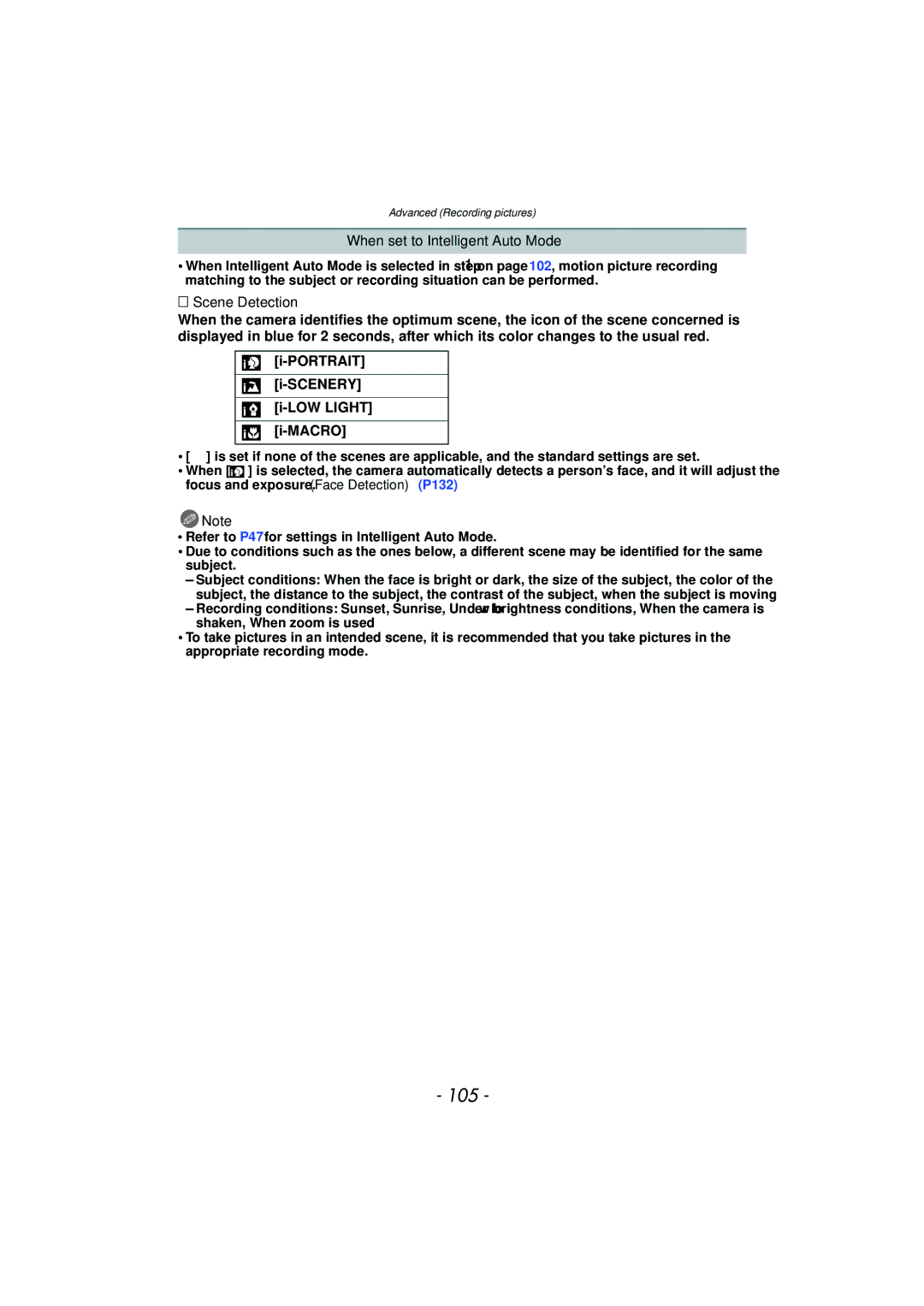 Panasonic VQT2Y96, DMCFZ40K operating instructions 105, When set to Intelligent Auto Mode, Scene Detection 