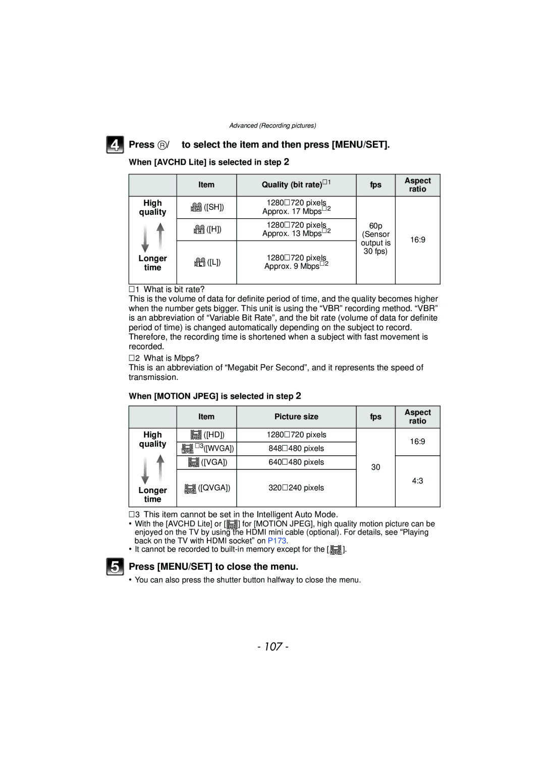 Panasonic VQT2Y96 107, When Avchd Lite is selected in step, ¢1 What is bit rate?, When Motion Jpeg is selected in step 