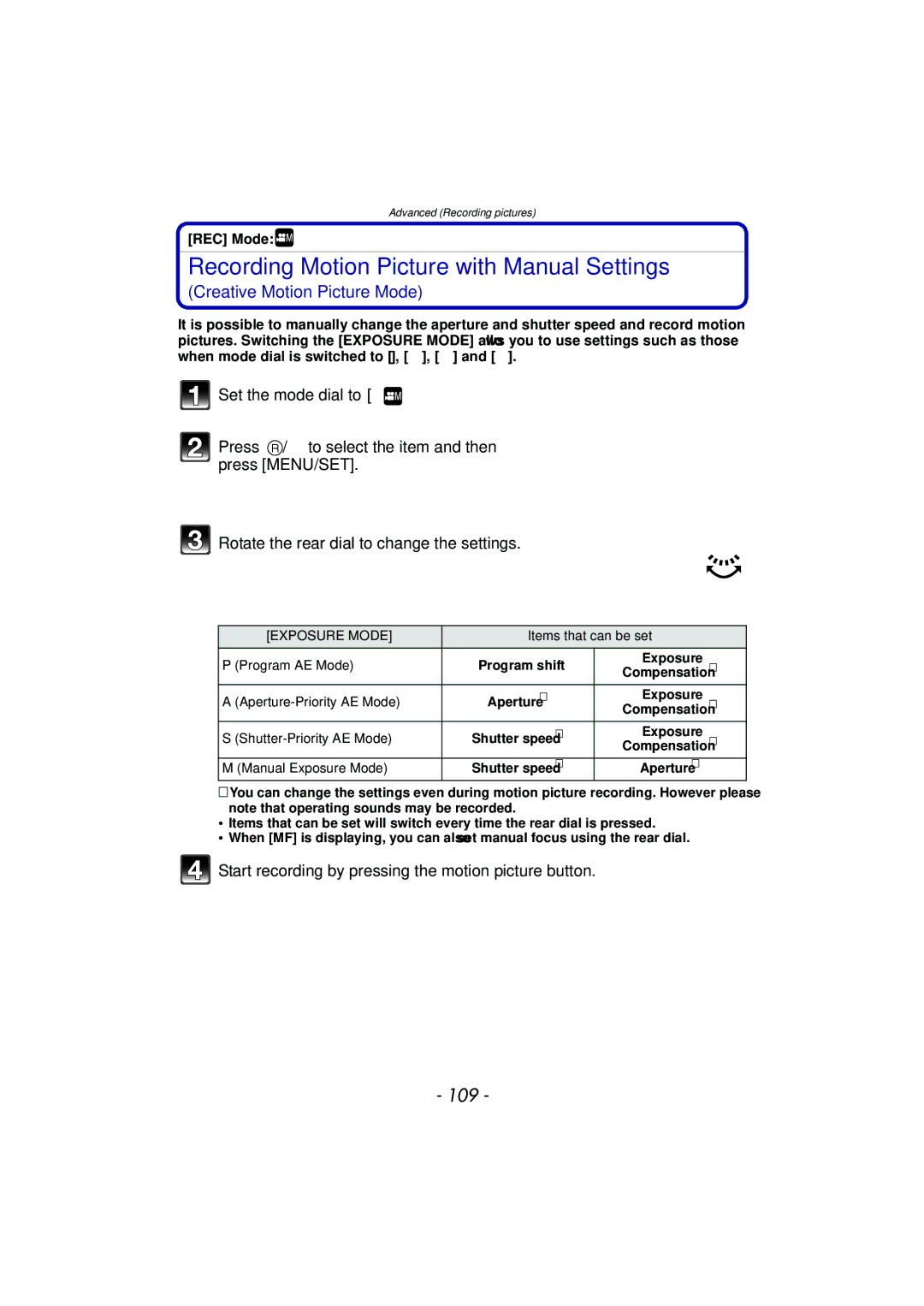 Panasonic VQT2Y96, DMCFZ40K operating instructions Recording Motion Picture with Manual Settings, 109 