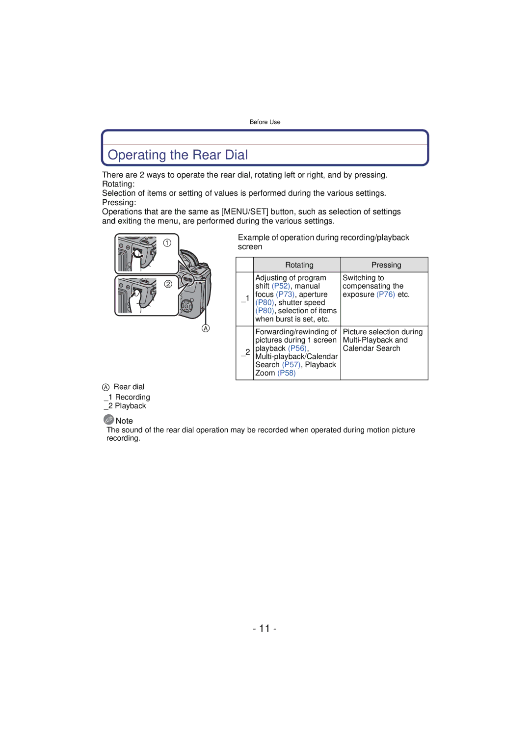 Panasonic VQT2Y96, DMCFZ40K operating instructions Operating the Rear Dial, Rotating Pressing 