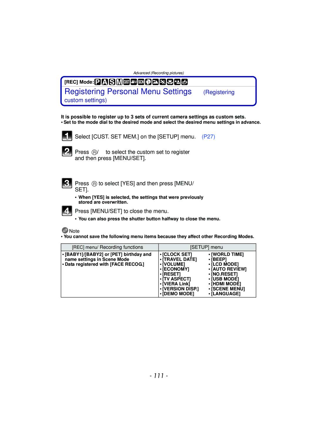 Panasonic VQT2Y96, DMCFZ40K Registering Personal Menu Settings Registering, 111, REC menu/Recording functions Setup menu 