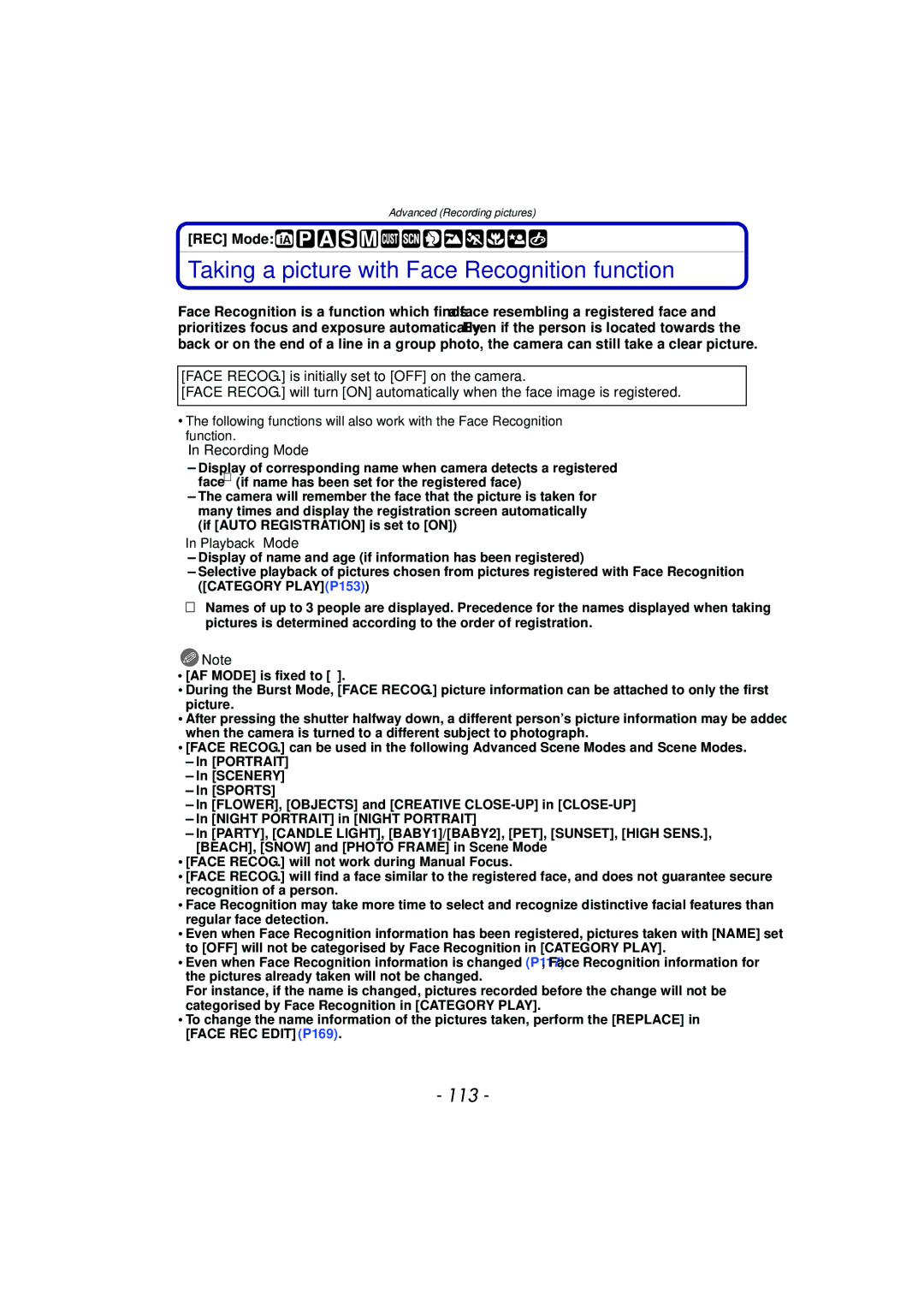 Panasonic VQT2Y96, DMCFZ40K operating instructions Taking a picture with Face Recognition function, 113, Playback Mode 
