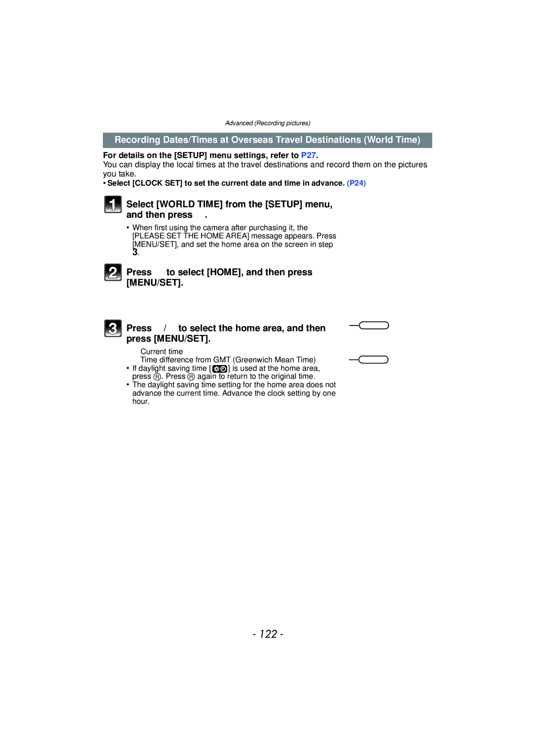 Panasonic DMCFZ40K, VQT2Y96 operating instructions 122, Select World Time from the Setup menu, and then press 