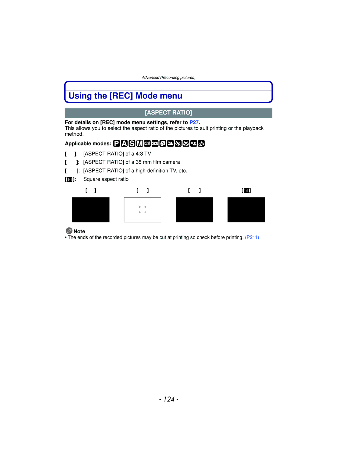 Panasonic DMCFZ40K Using the REC Mode menu, 124, Aspect Ratio, For details on REC mode menu settings, refer to P27 