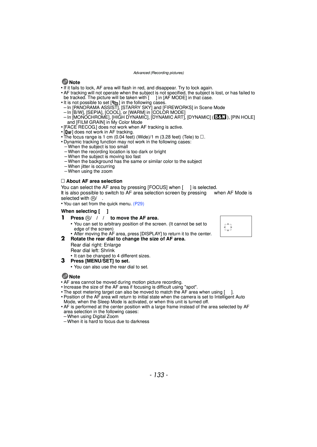 Panasonic VQT2Y96 133, About AF area selection, When selecting Ø Press 3/4/2/1 to move the AF area, Rear dial left Shrink 