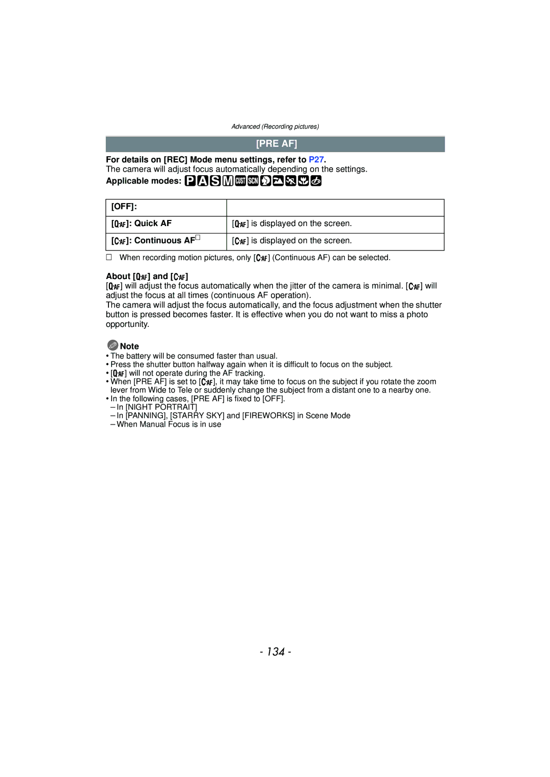 Panasonic DMCFZ40K, VQT2Y96 operating instructions 134, Pre Af, About 