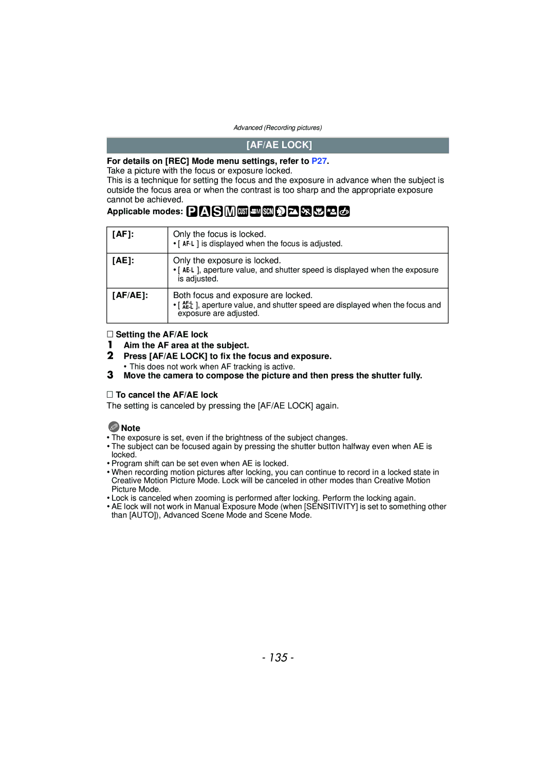 Panasonic VQT2Y96, DMCFZ40K operating instructions 135, AF/AE Lock, Af/Ae 