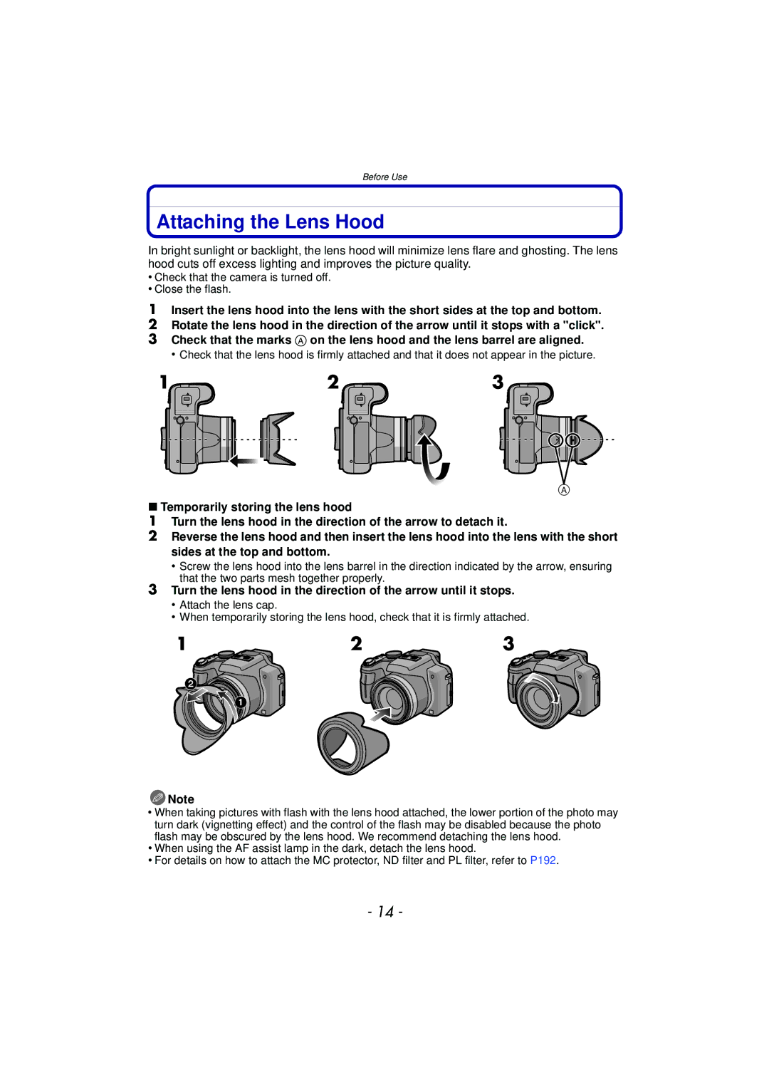 Panasonic DMCFZ40K, VQT2Y96 operating instructions Attaching the Lens Hood 