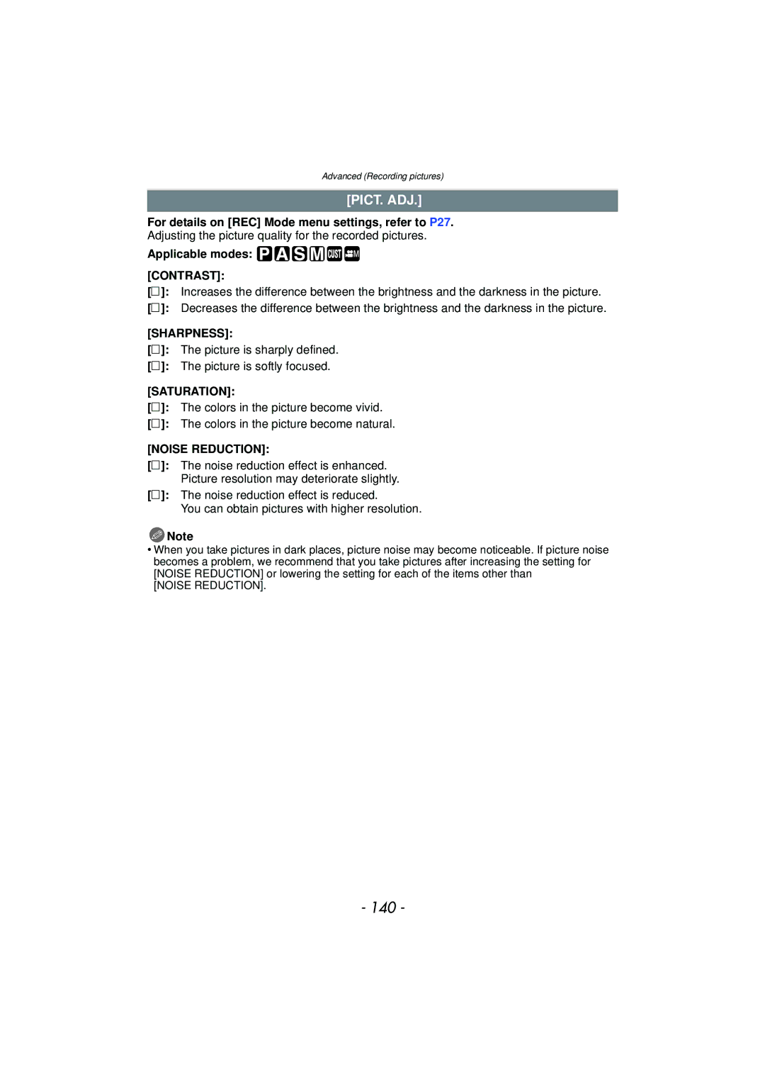 Panasonic DMCFZ40K, VQT2Y96 operating instructions 140, Pict. Adj, Applicable modes Contrast, Sharpness, Noise Reduction 