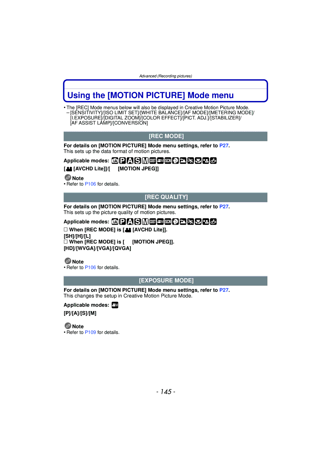 Panasonic VQT2Y96, DMCFZ40K Using the Motion Picture Mode menu, 145, REC Mode, REC Quality, Exposure Mode 