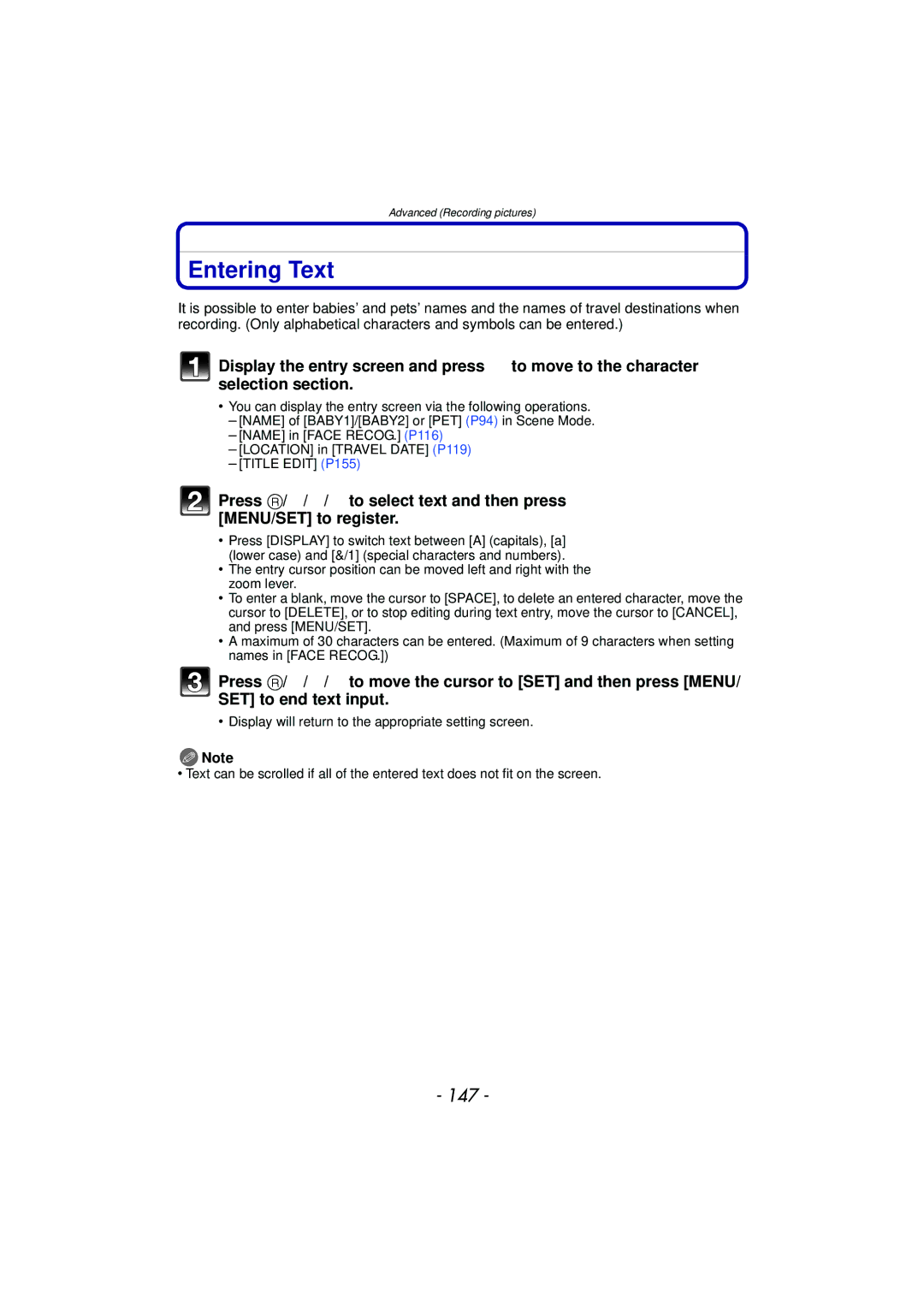 Panasonic VQT2Y96, DMCFZ40K operating instructions Entering Text, 147 