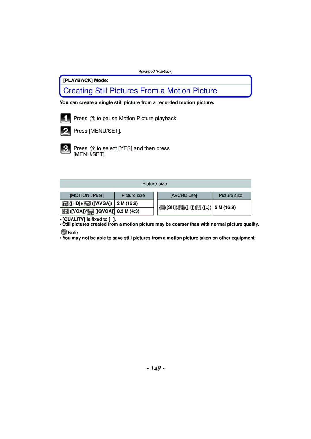 Panasonic VQT2Y96, DMCFZ40K Creating Still Pictures From a Motion Picture, 149, Avchd Lite Picture size 