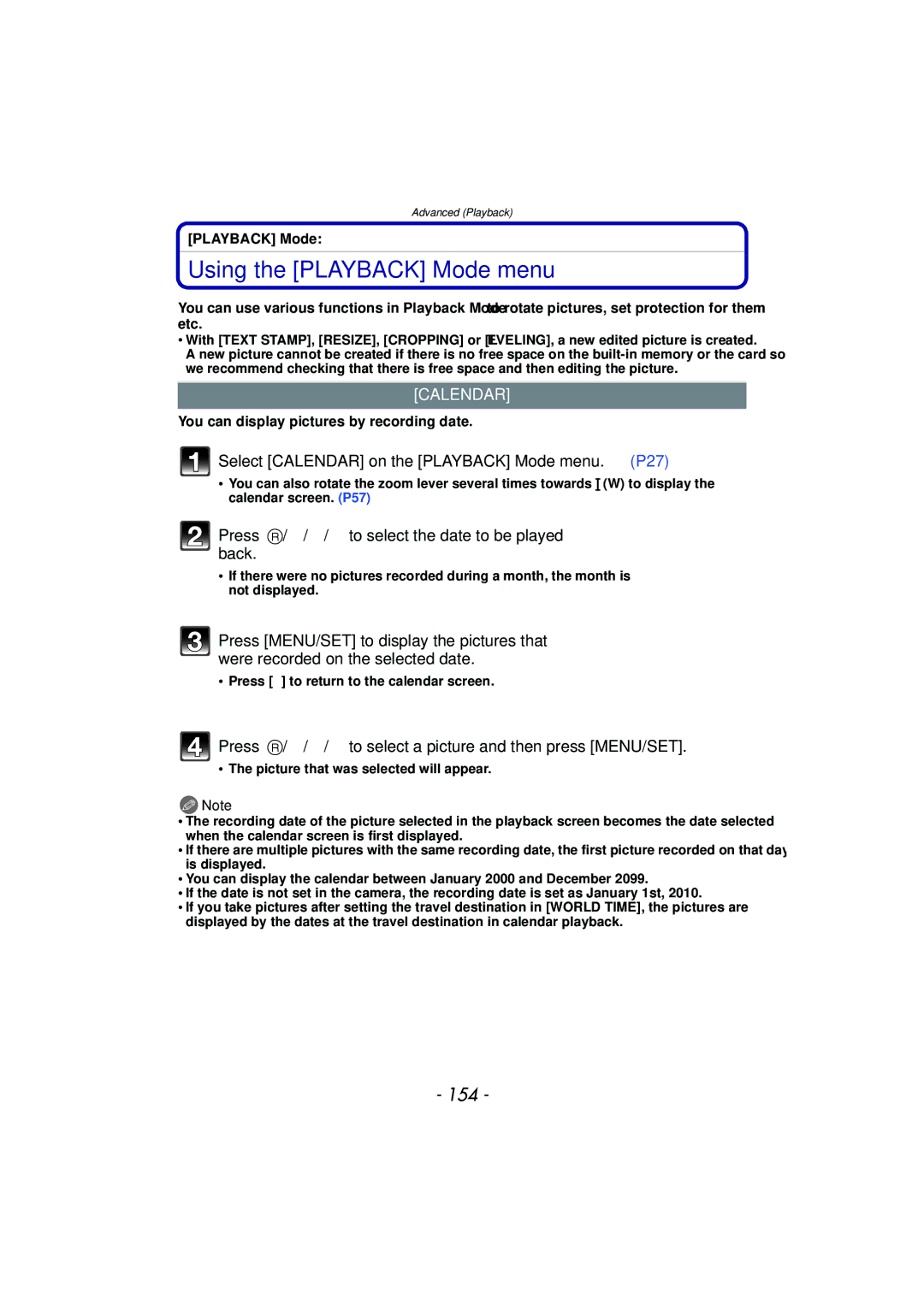 Panasonic DMCFZ40K, VQT2Y96 operating instructions Using the Playback Mode menu, 154, Calendar 