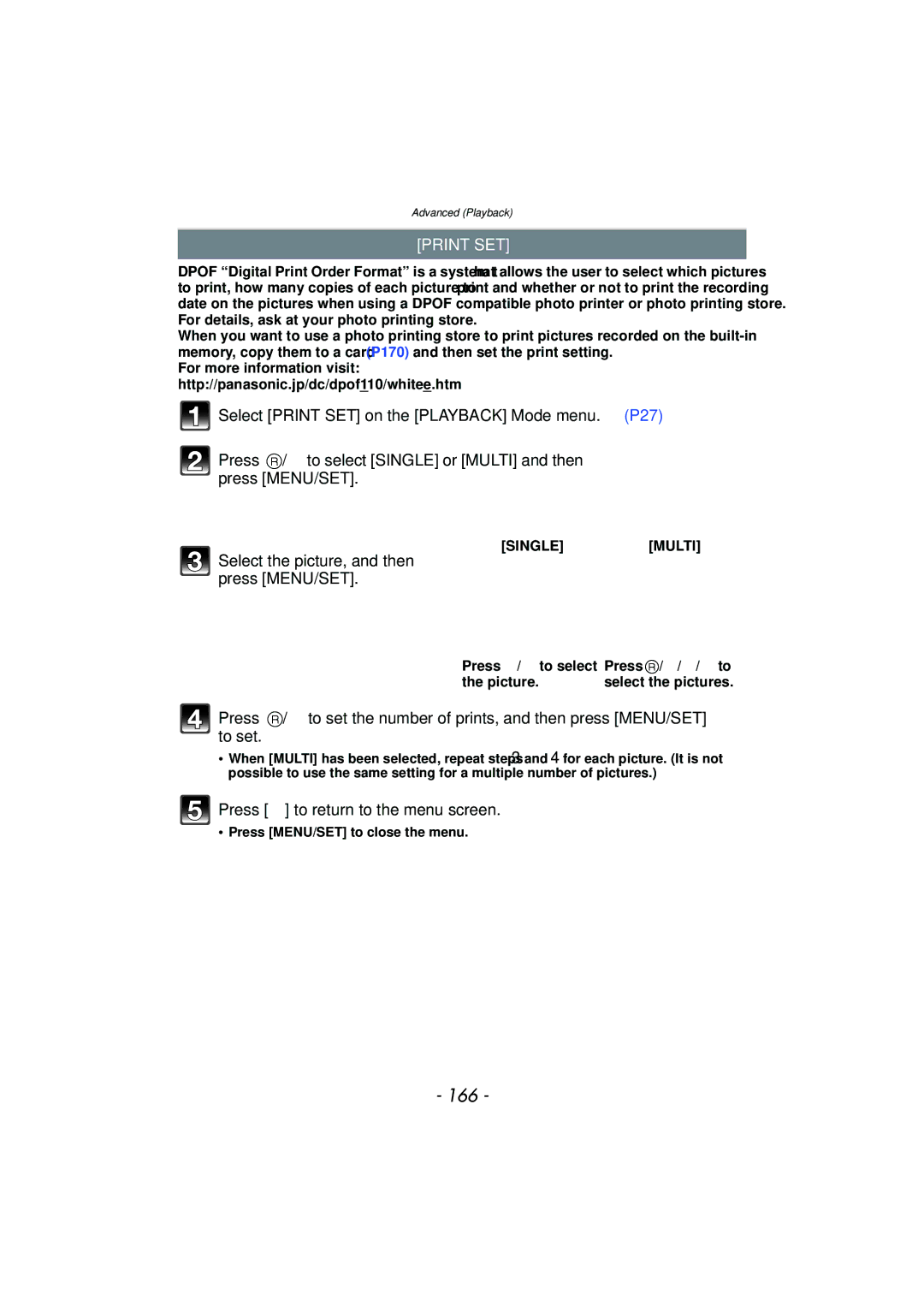 Panasonic DMCFZ40K, VQT2Y96 operating instructions 166, Print SET, Select the picture, and then press MENU/SET 