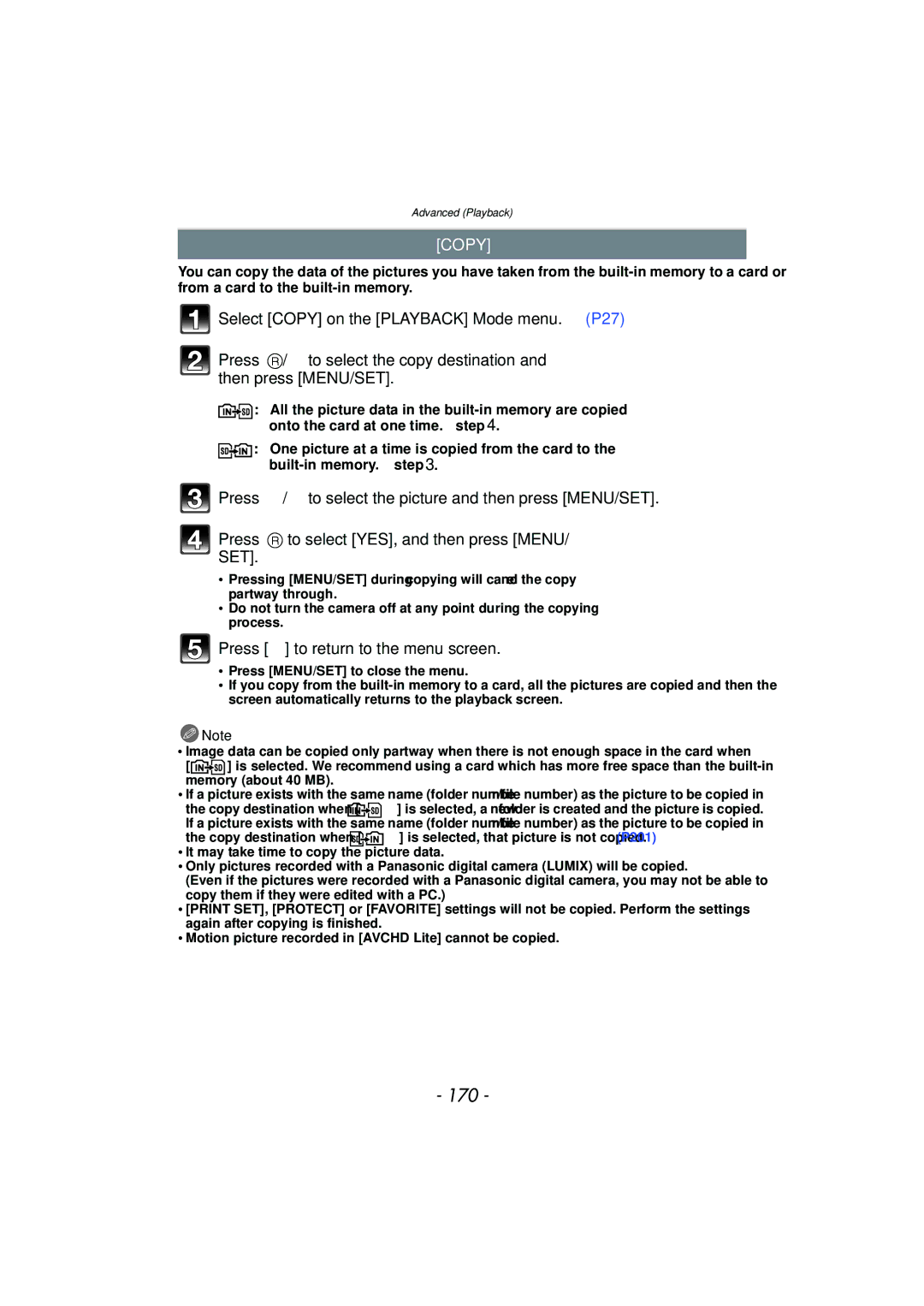 Panasonic DMCFZ40K, VQT2Y96 operating instructions 170, Copy 