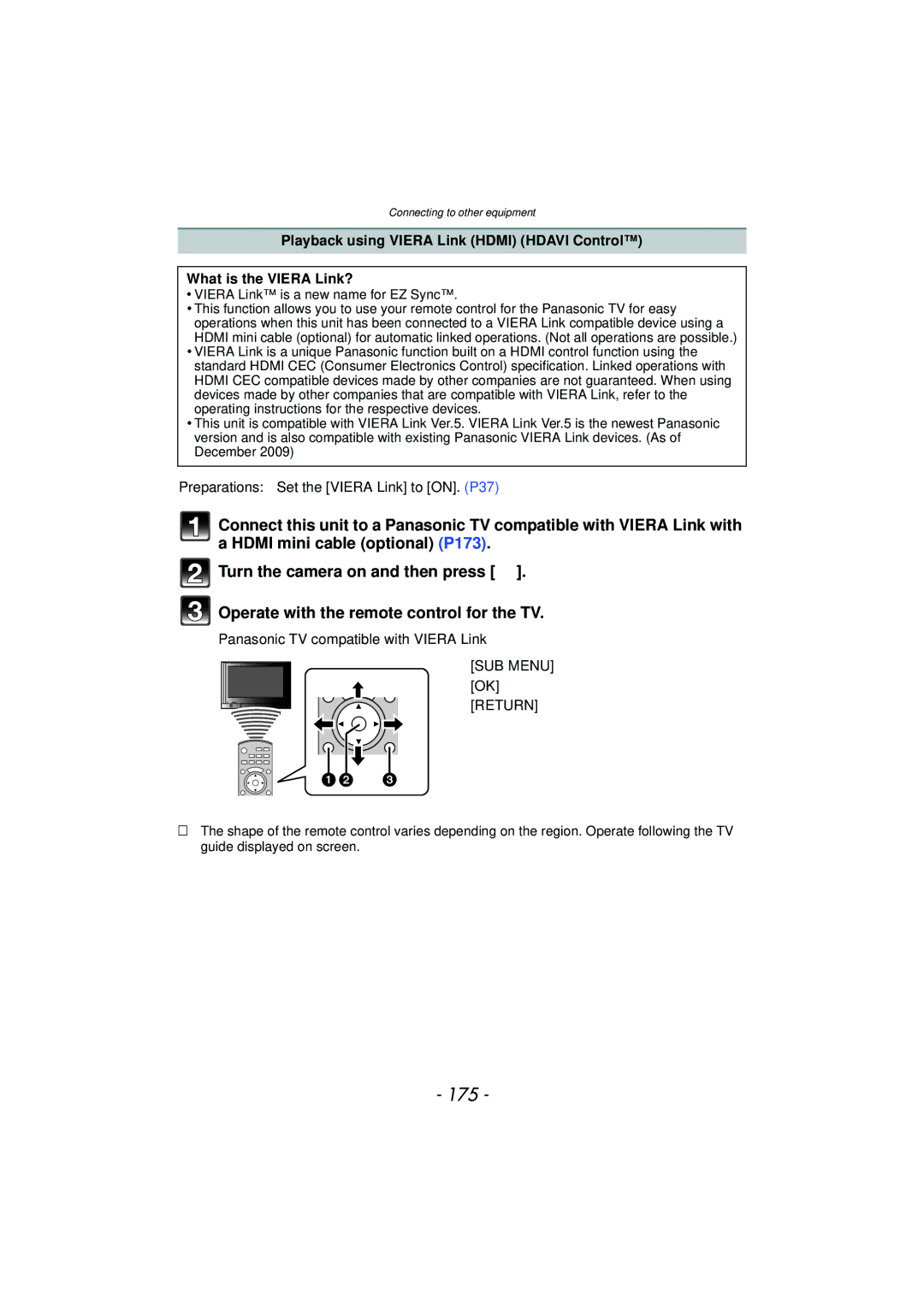 Panasonic VQT2Y96 175, Preparations Set the Viera Link to ON. P37, Panasonic TV compatible with Viera Link, SUB Menu 
