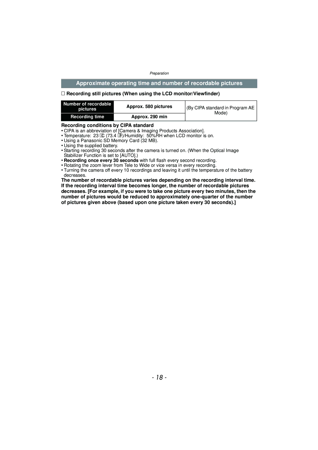 Panasonic DMCFZ40K Approximate operating time and number of recordable pictures, Recording conditions by Cipa standard 