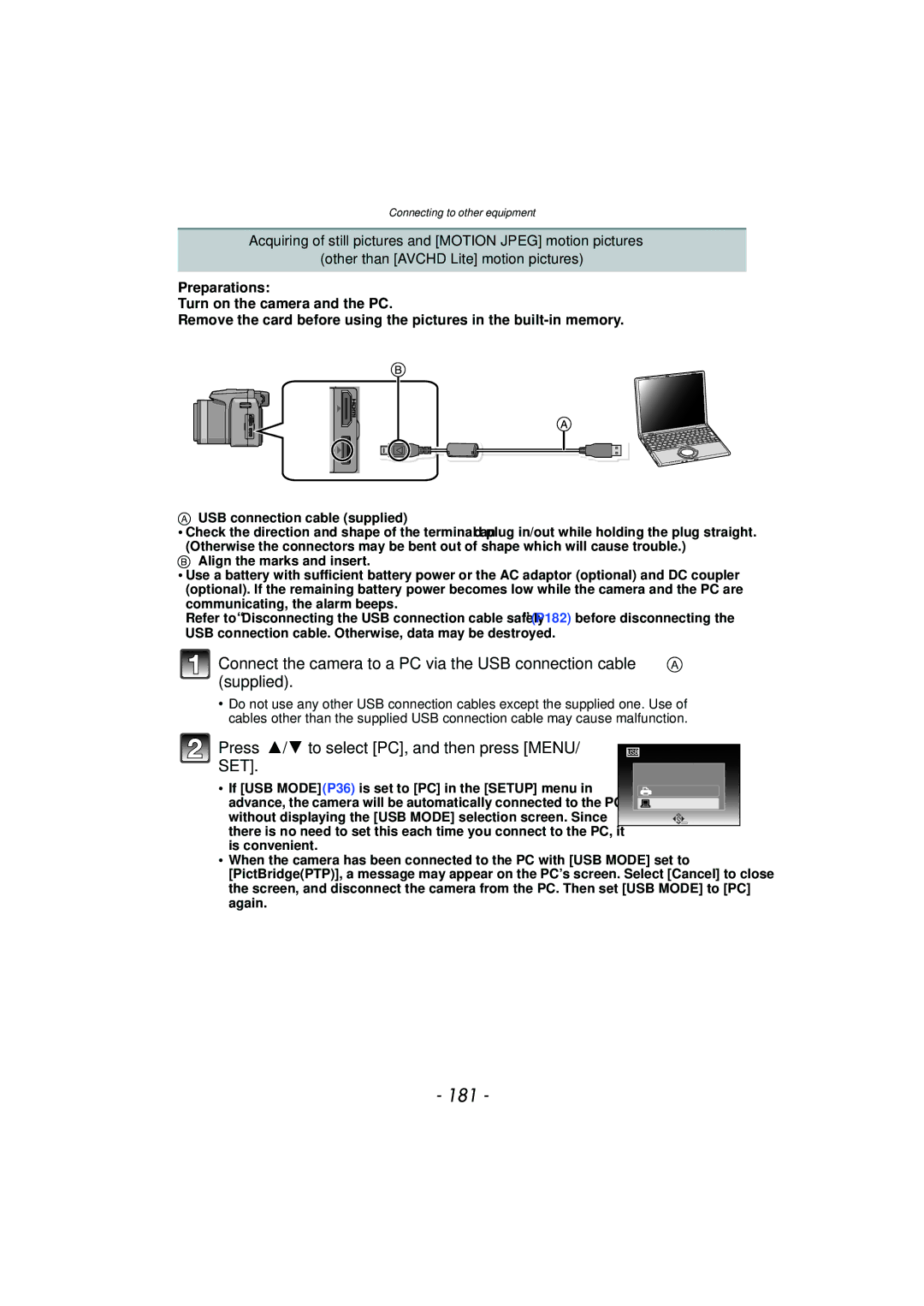 Panasonic VQT2Y96, DMCFZ40K operating instructions 181, Press 3/4 to select PC, and then press Menu 