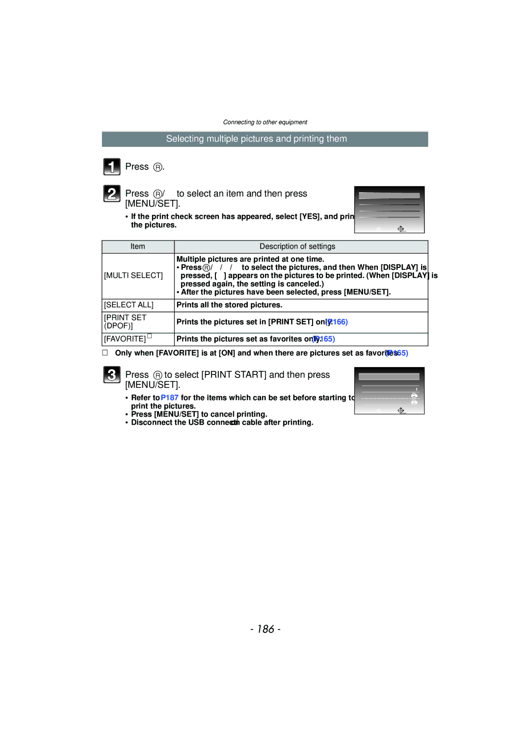 Panasonic DMCFZ40K, VQT2Y96 operating instructions 186, Selecting multiple pictures and printing them 