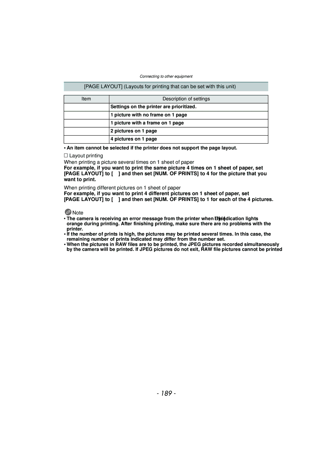 Panasonic VQT2Y96, DMCFZ40K operating instructions 189, Layout Layouts for printing that can be set with this unit 