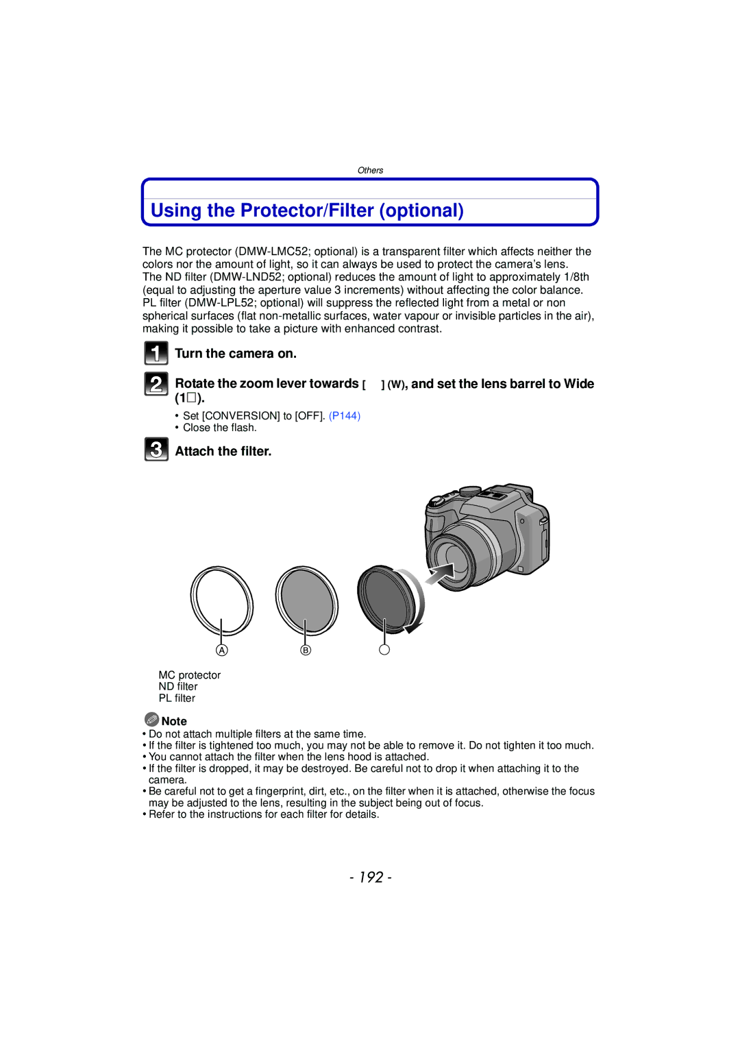 Panasonic DMCFZ40K, VQT2Y96 operating instructions Using the Protector/Filter optional, 192, Attach the filter 