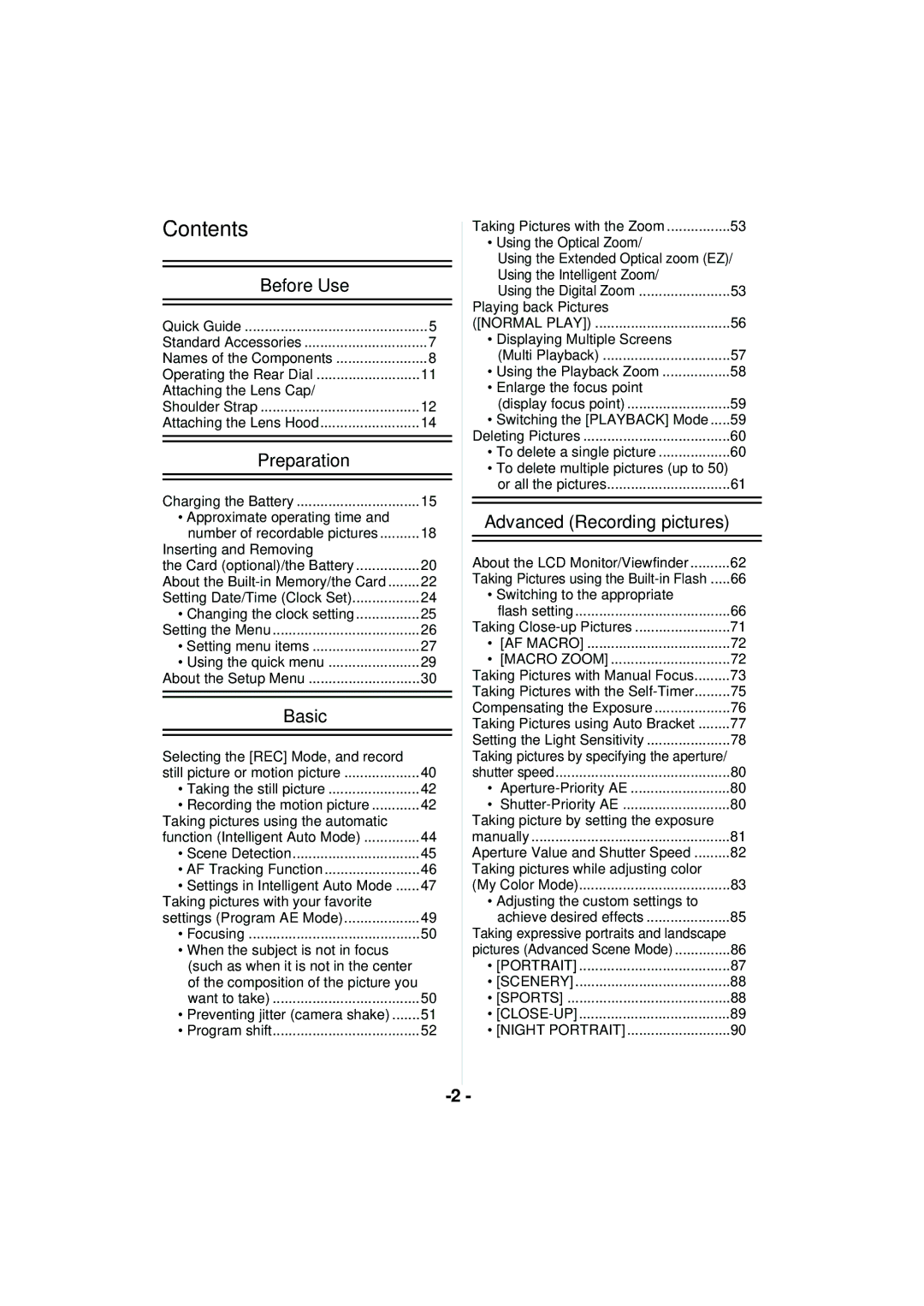 Panasonic DMCFZ40K, VQT2Y96 operating instructions Contents 