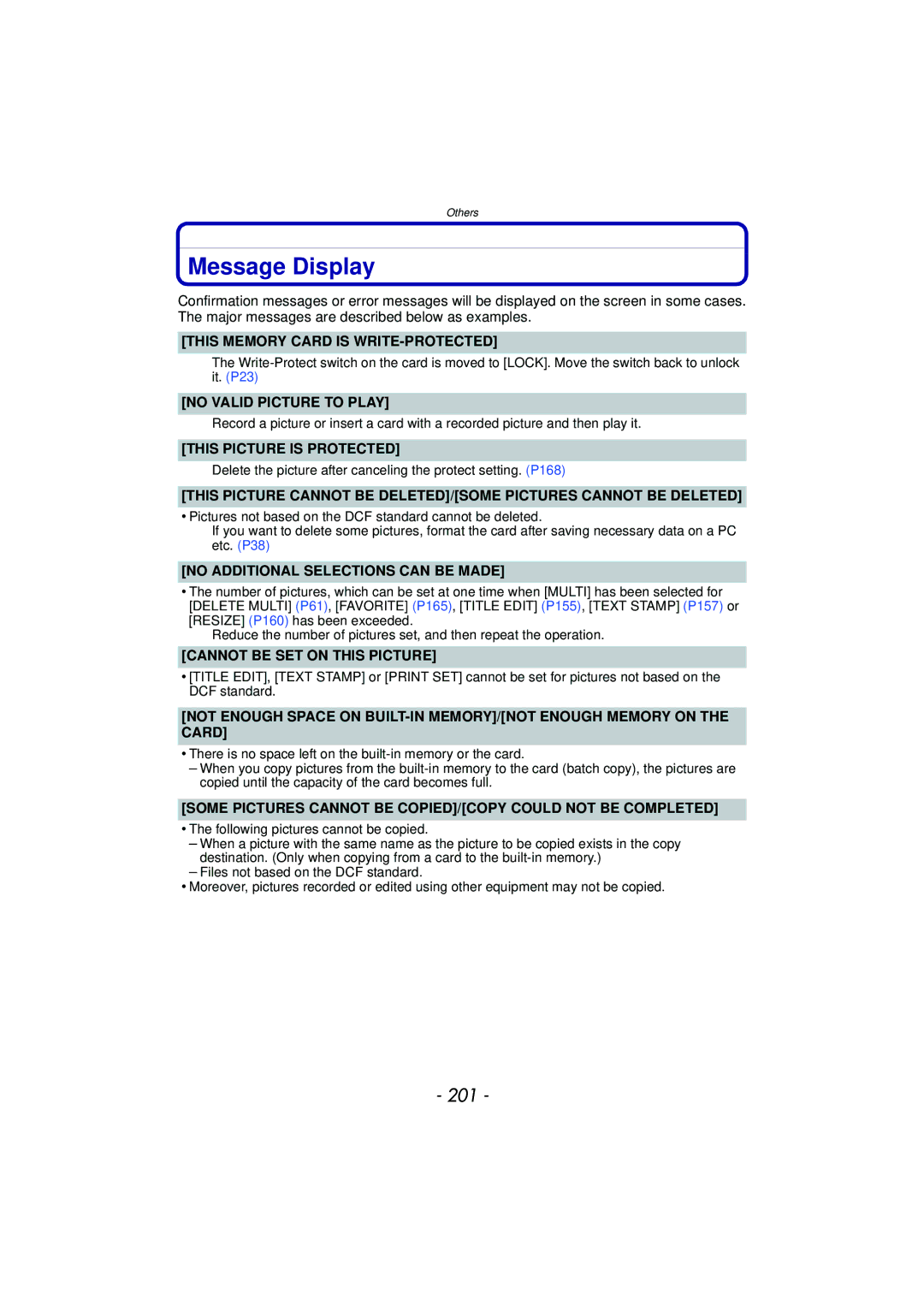 Panasonic VQT2Y96, DMCFZ40K operating instructions Message Display, 201 