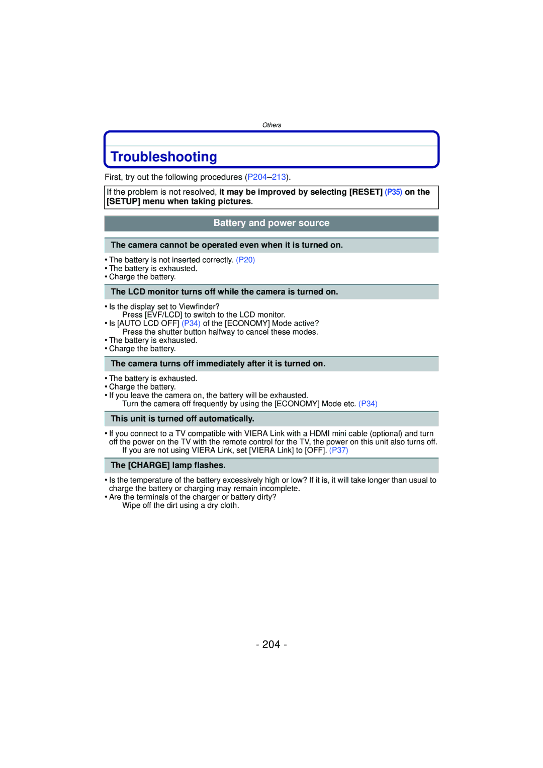 Panasonic DMCFZ40K, VQT2Y96 operating instructions Troubleshooting, 204, Battery and power source 