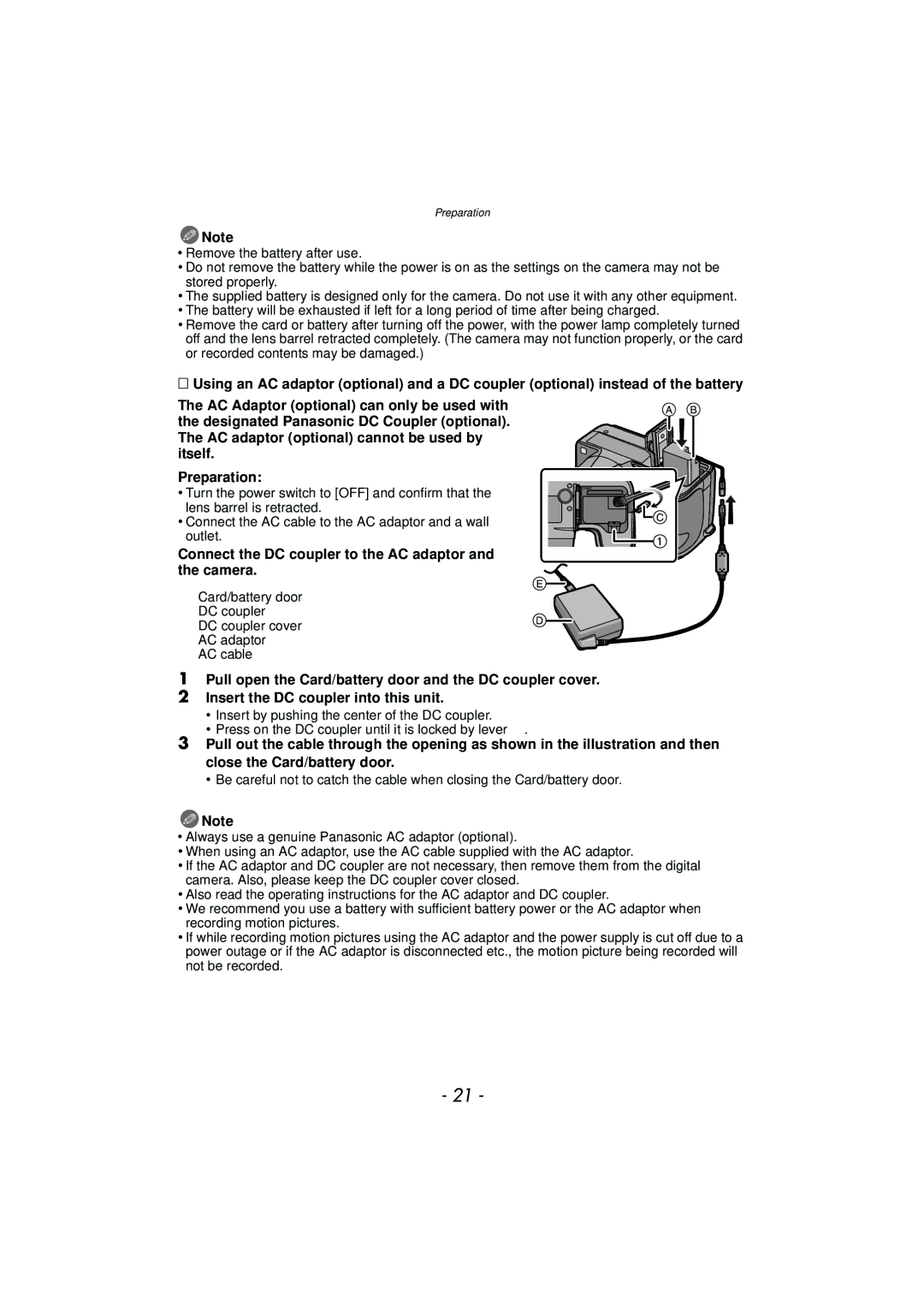 Panasonic VQT2Y96, DMCFZ40K operating instructions Connect the DC coupler to the AC adaptor and the camera 