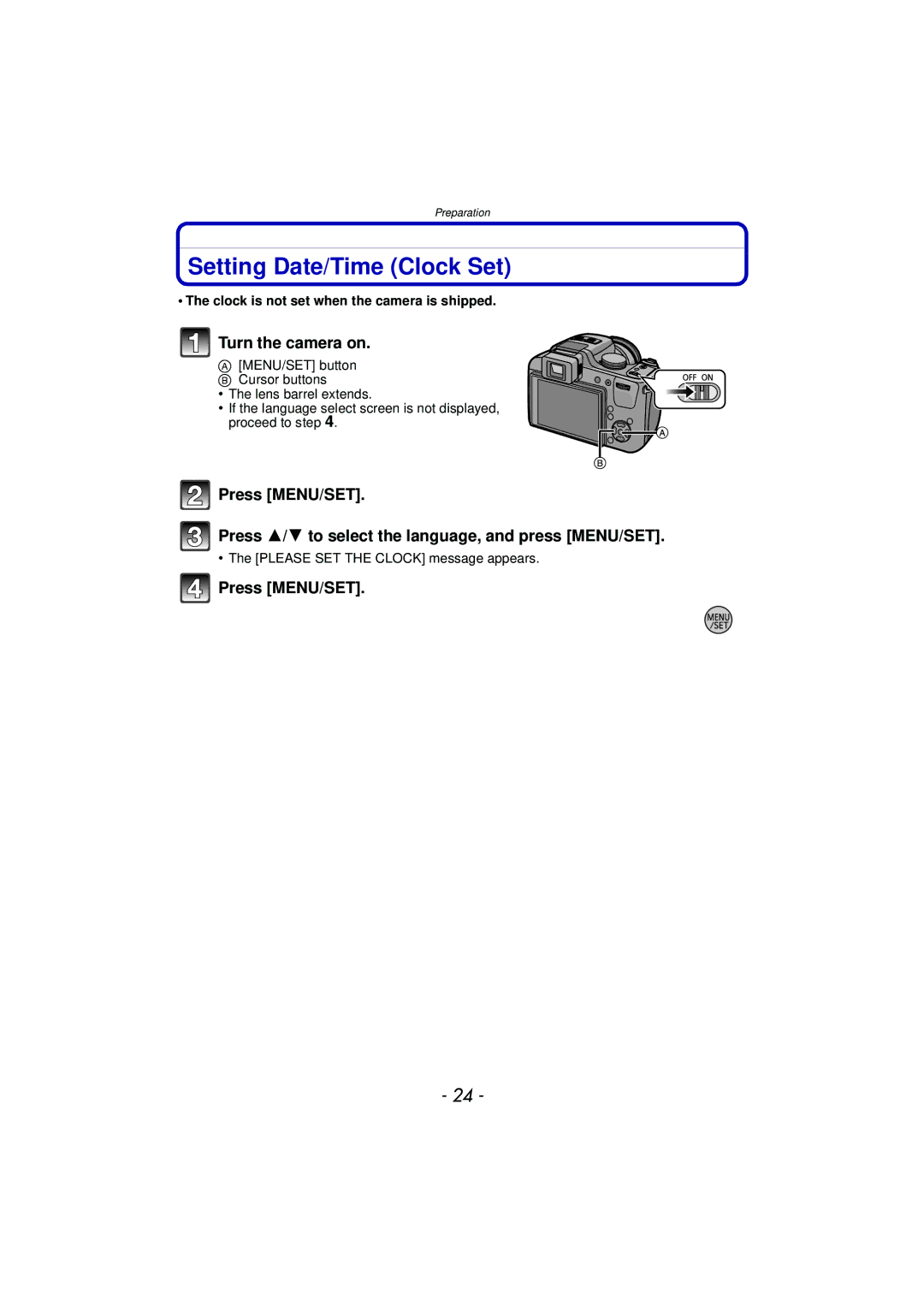 Panasonic DMCFZ40K, VQT2Y96 operating instructions Setting Date/Time Clock Set, Turn the camera on, Press MENU/SET 