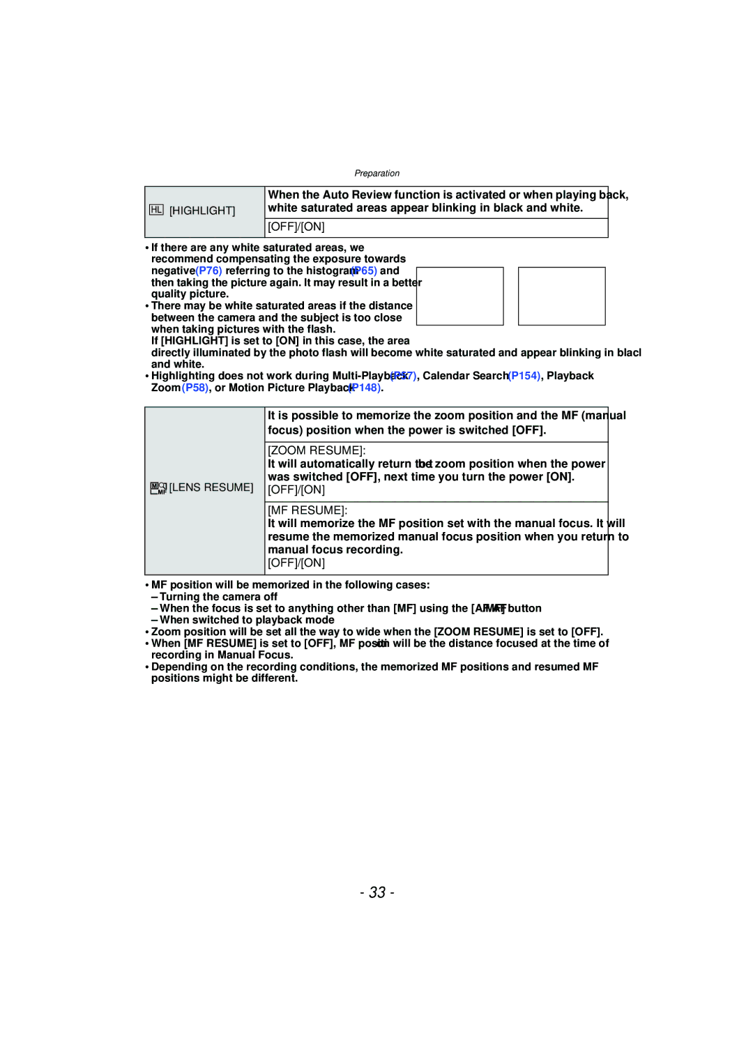 Panasonic VQT2Y96, DMCFZ40K operating instructions Off, Zoom Resume, MF Resume 