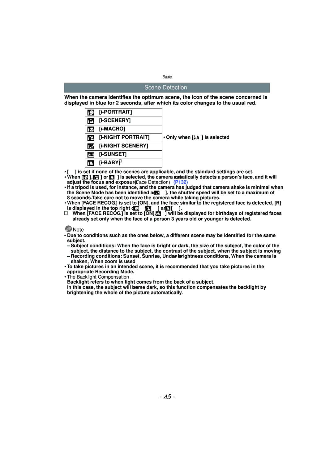 Panasonic VQT2Y96, DMCFZ40K operating instructions Scene Detection, Backlight Compensation 