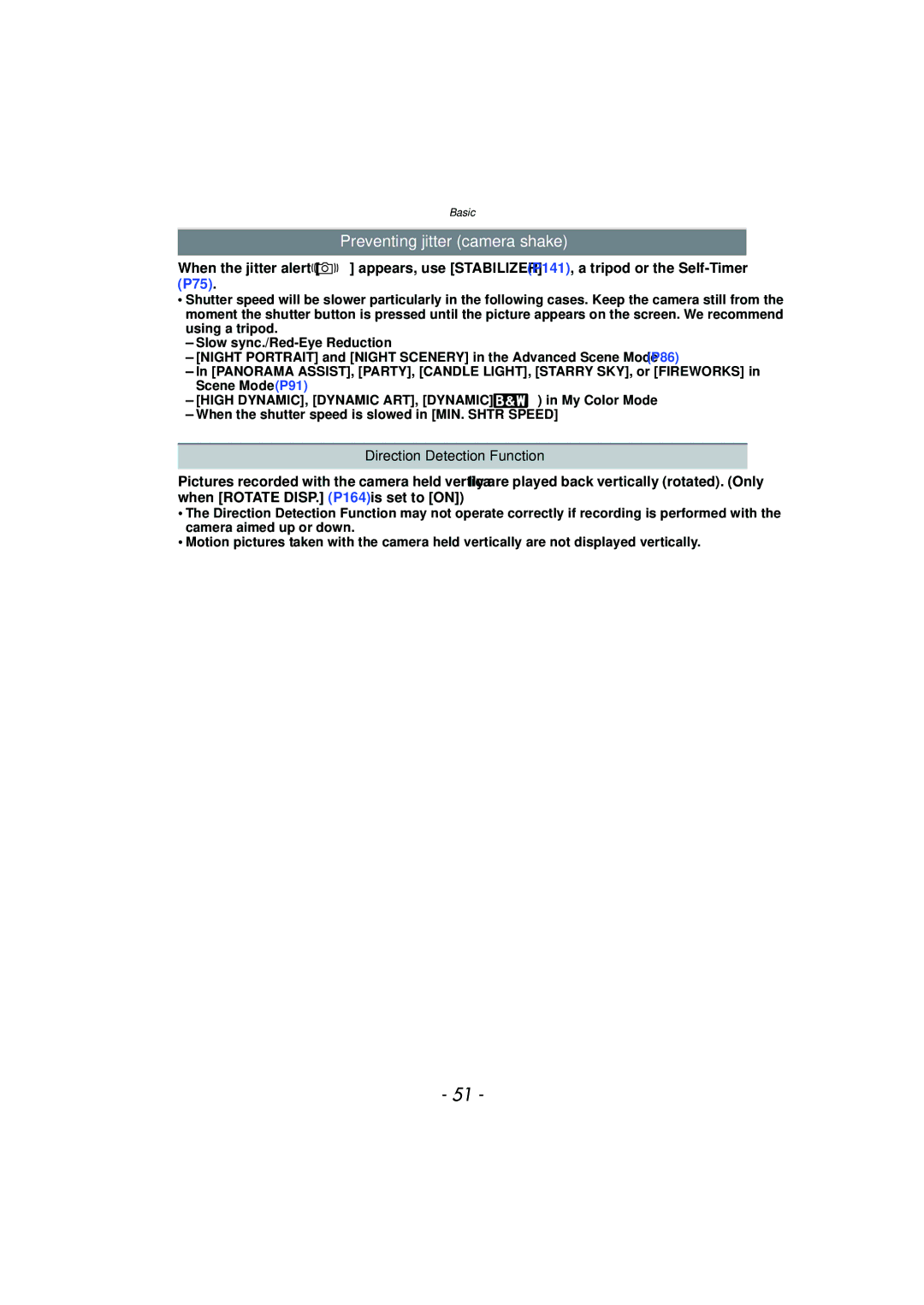 Panasonic VQT2Y96, DMCFZ40K operating instructions Preventing jitter camera shake, Direction Detection Function 