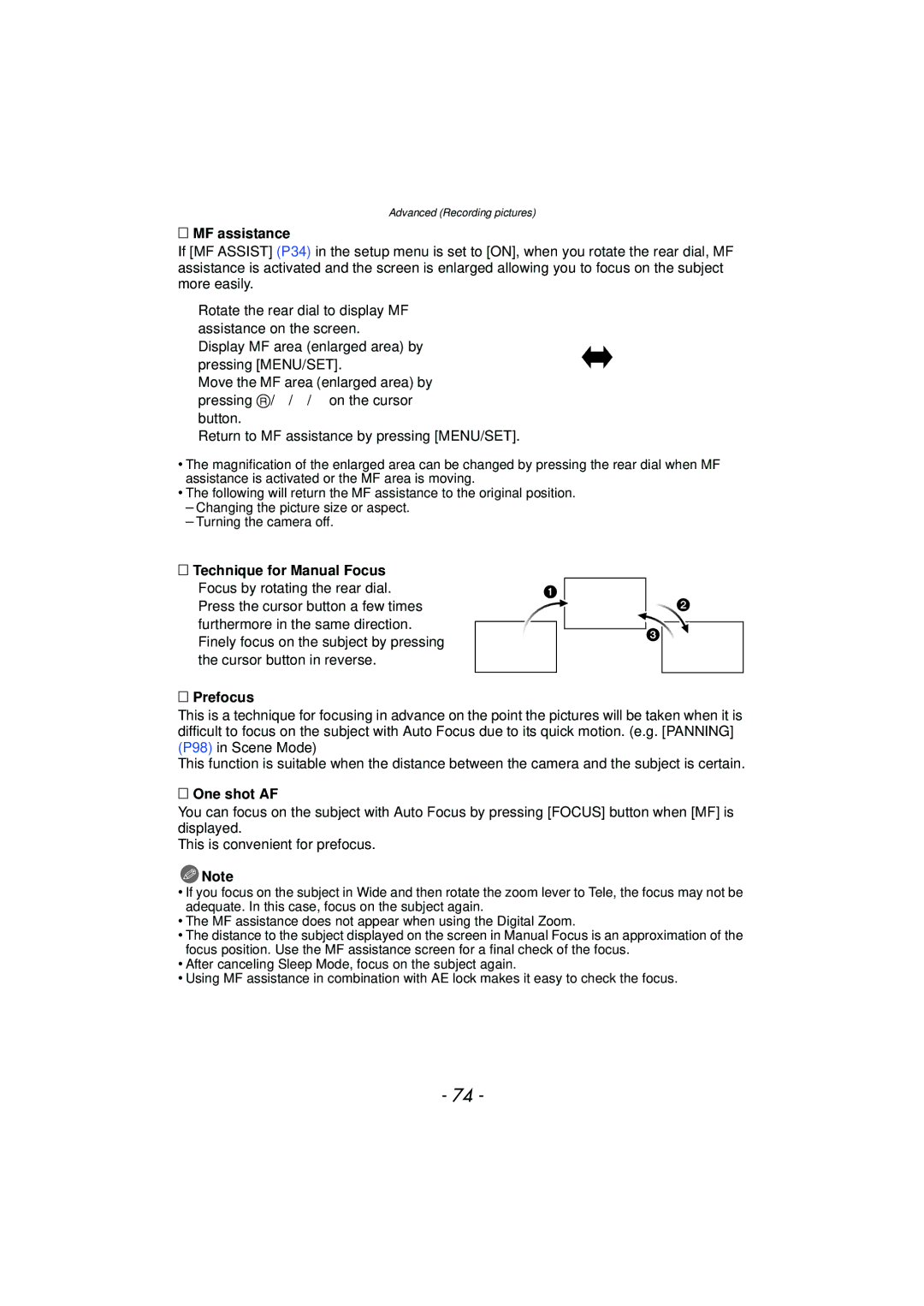 Panasonic DMCFZ40K, VQT2Y96 operating instructions MF assistance, Technique for Manual Focus, Prefocus, One shot AF 