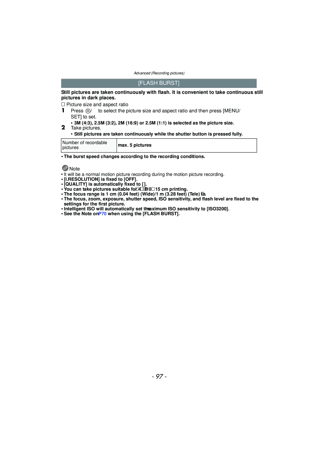 Panasonic VQT2Y96, DMCFZ40K operating instructions Flash Burst, Number of recordable pictures 