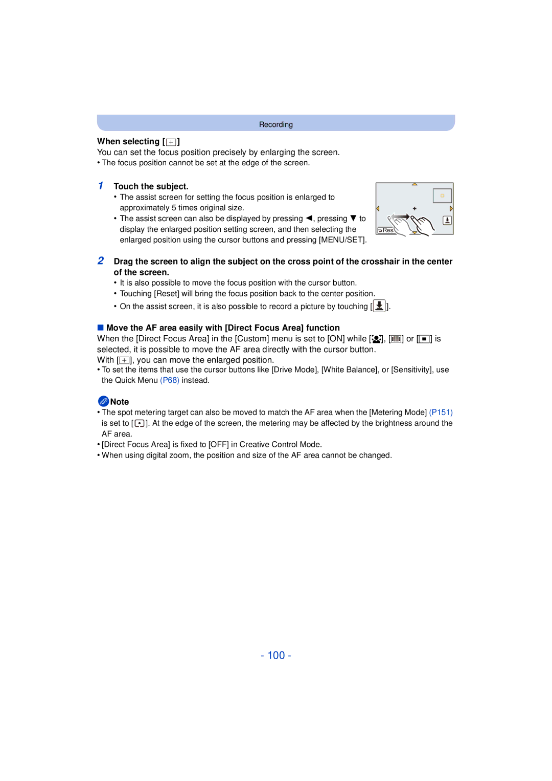Panasonic F0612MC0, DMCG5KK, VQT4H13 owner manual 100, Move the AF area easily with Direct Focus Area function 