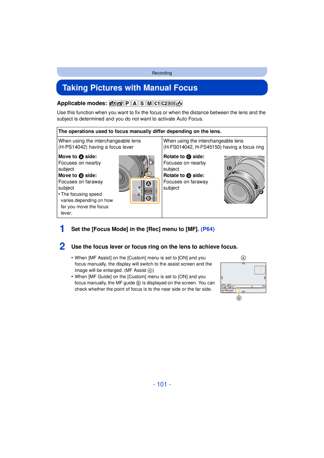 Panasonic VQT4H13 Taking Pictures with Manual Focus, 101, Set the Focus Mode in the Rec menu to MF. P64, Rotate to C side 