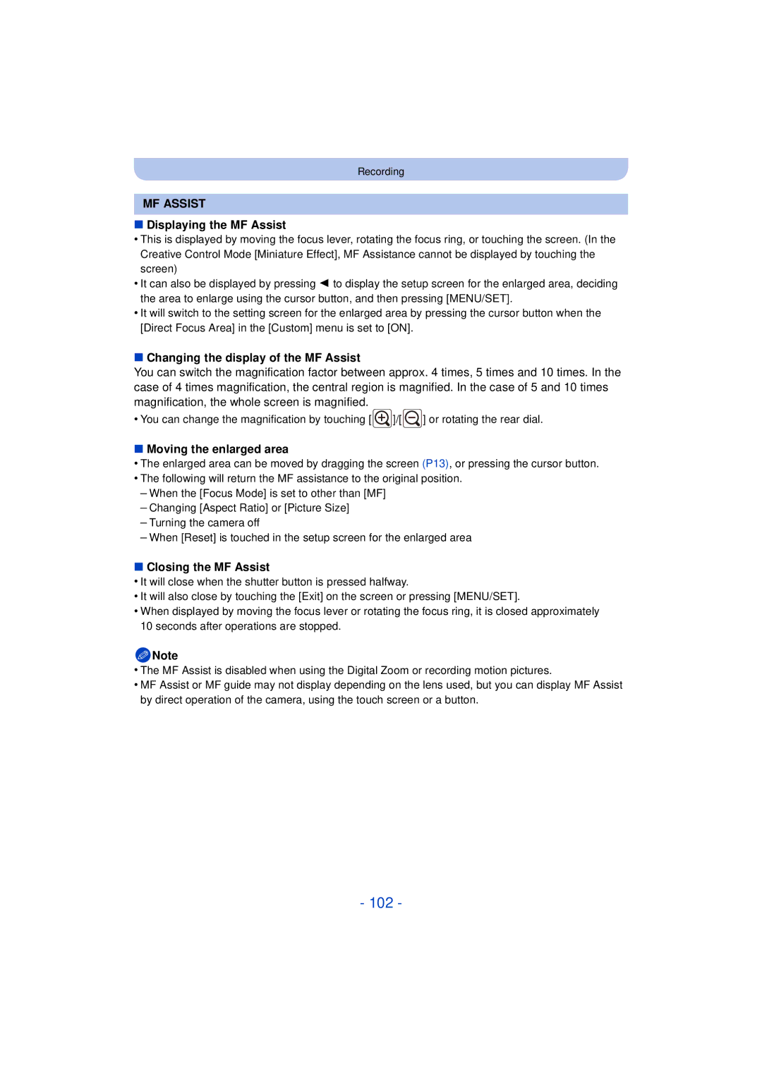 Panasonic DMCG5KK, F0612MC0 102, Displaying the MF Assist, Changing the display of the MF Assist, Moving the enlarged area 