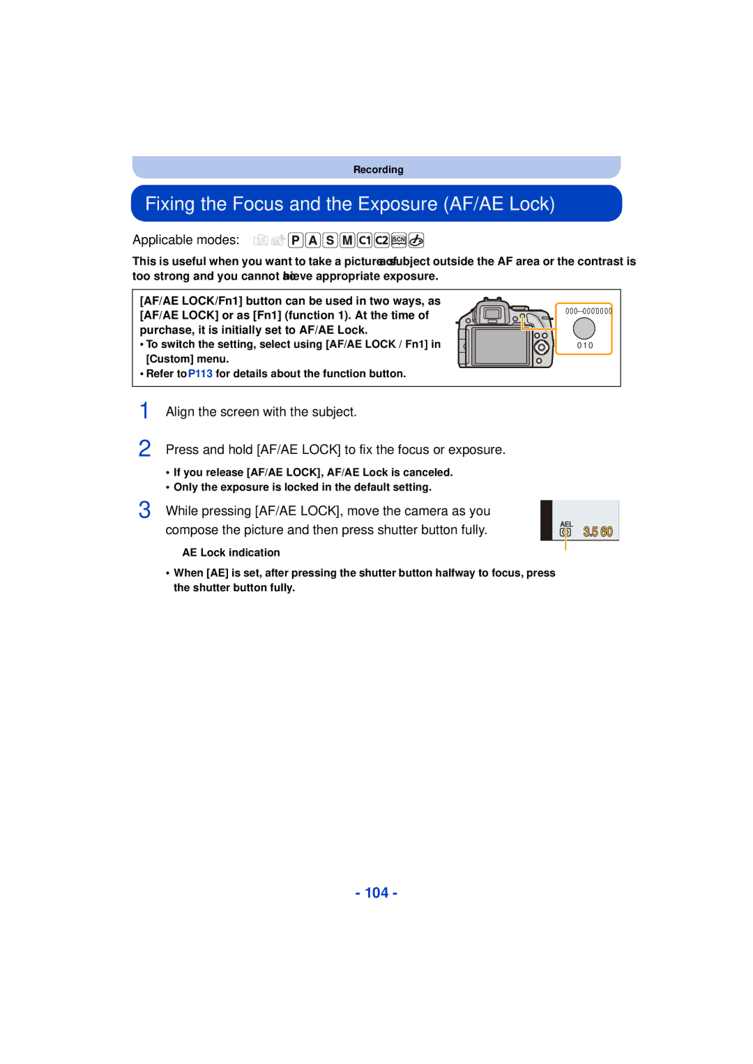 Panasonic VQT4H13, DMCG5KK, F0612MC0 owner manual Fixing the Focus and the Exposure AF/AE Lock, 104 