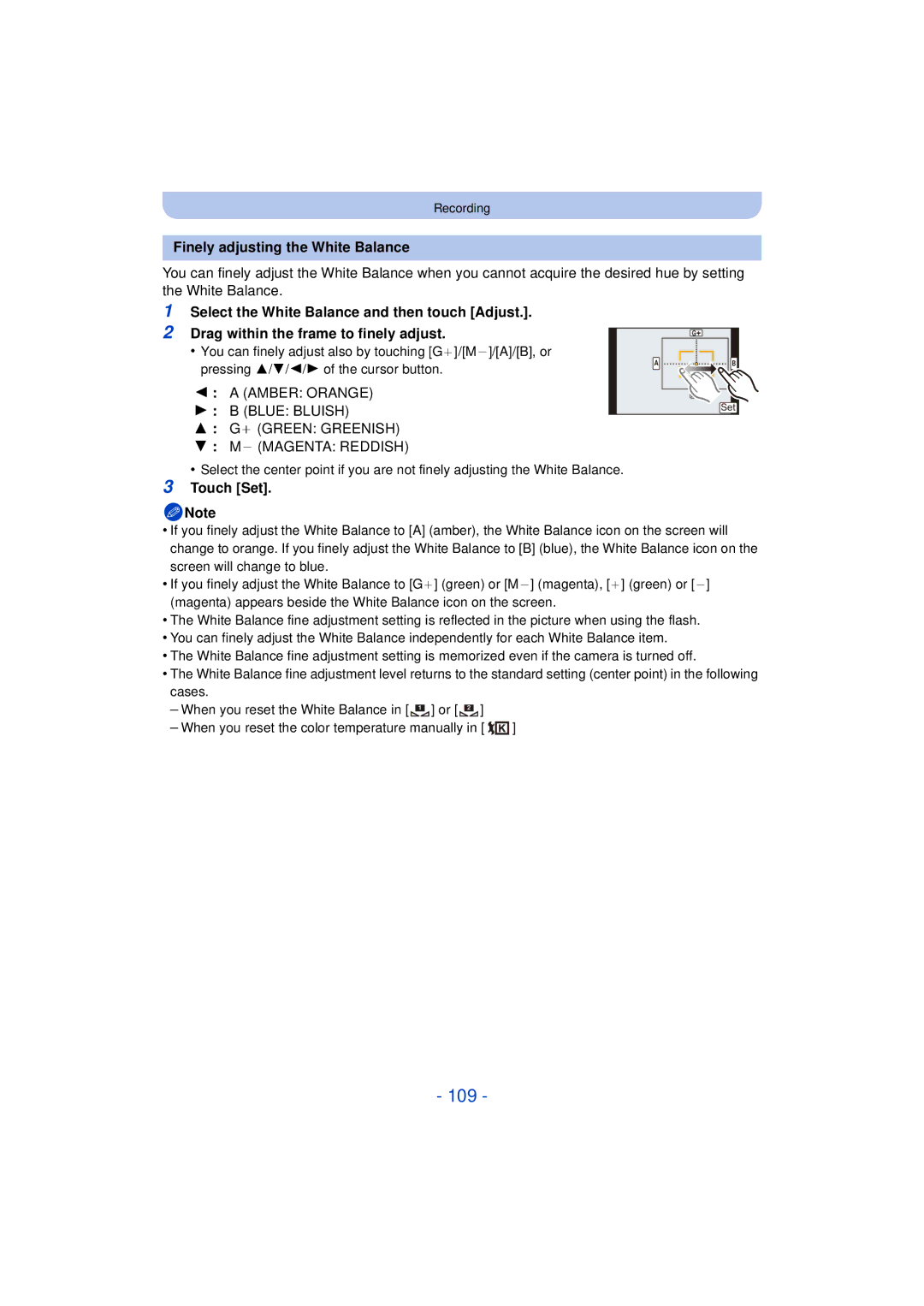 Panasonic F0612MC0, DMCG5KK, VQT4H13 owner manual 109, Finely adjusting the White Balance 