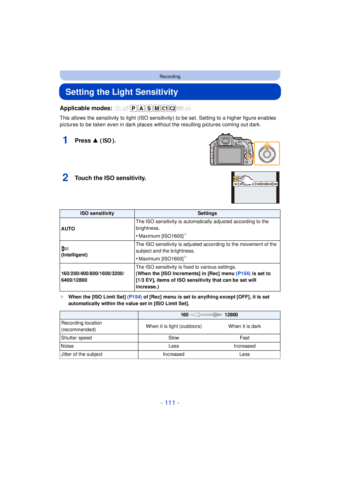 Panasonic DMCG5KK, F0612MC0, VQT4H13 owner manual Setting the Light Sensitivity, 111, Press Touch the ISO sensitivity 