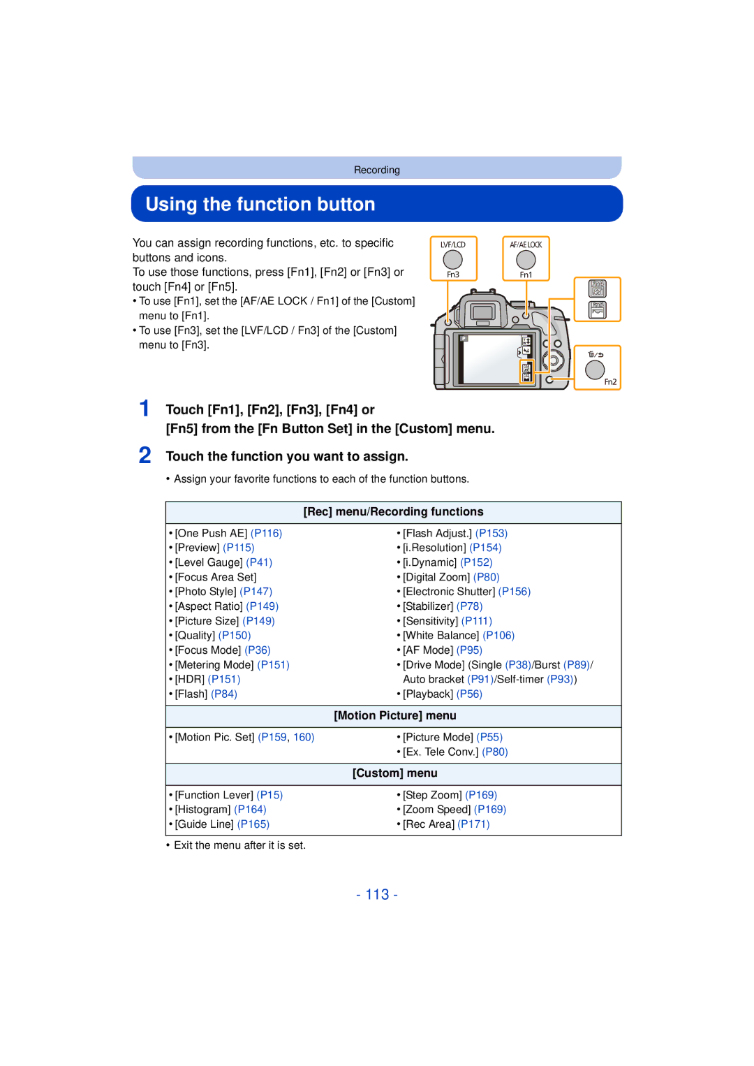 Panasonic VQT4H13, DMCG5KK, F0612MC0 owner manual Using the function button, 113 