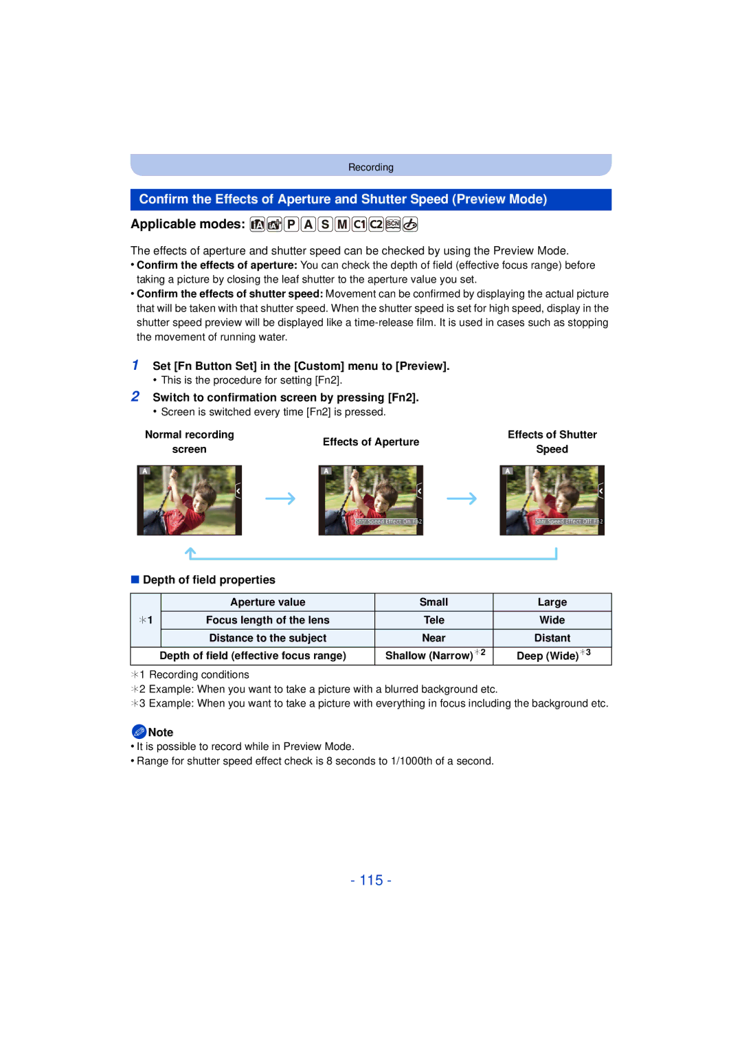 Panasonic F0612MC0 115, Set Fn Button Set in the Custom menu to Preview, Switch to confirmation screen by pressing Fn2 