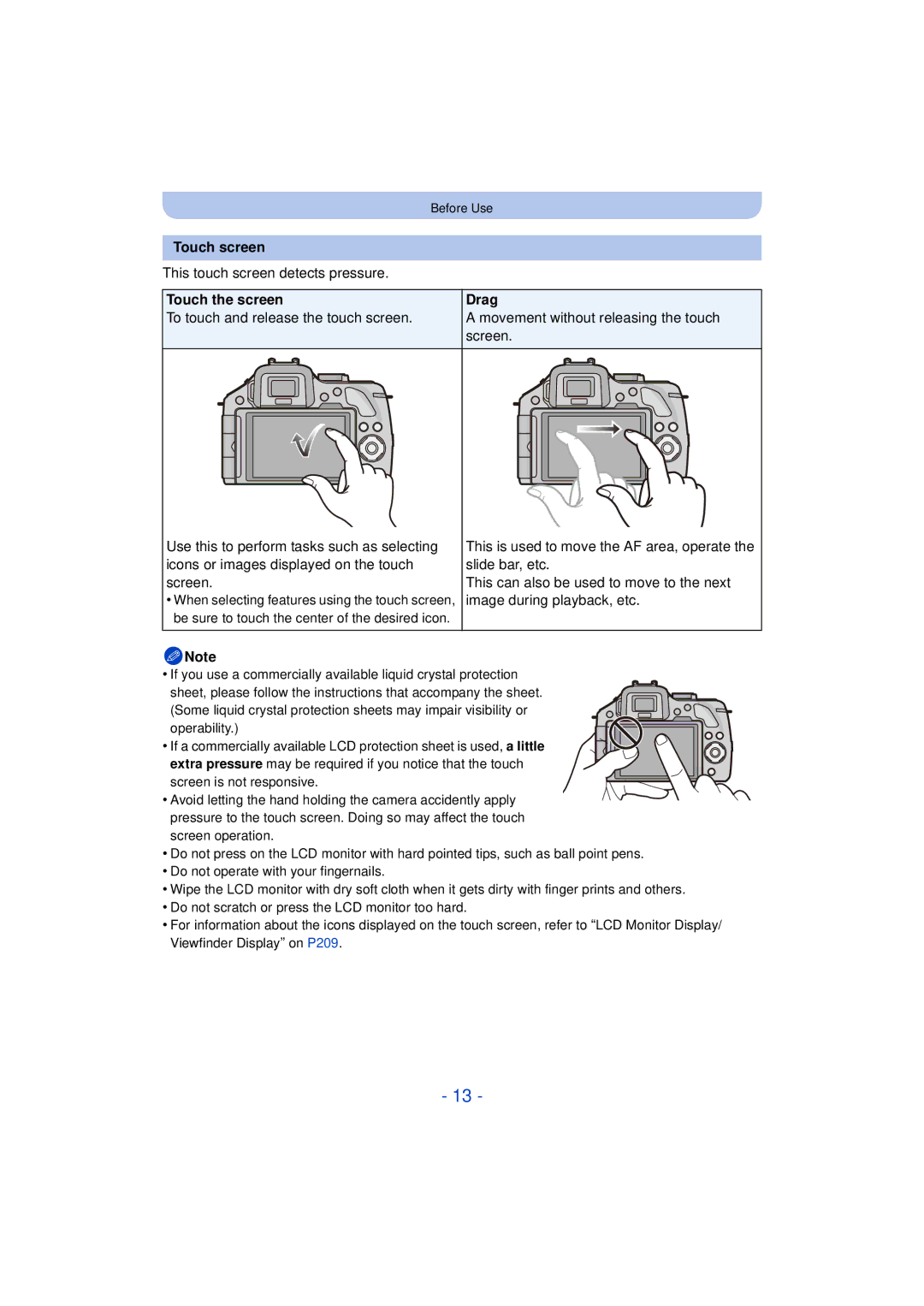 Panasonic F0612MC0, DMCG5KK, VQT4H13 owner manual Touch screen, This touch screen detects pressure, Touch the screen Drag 